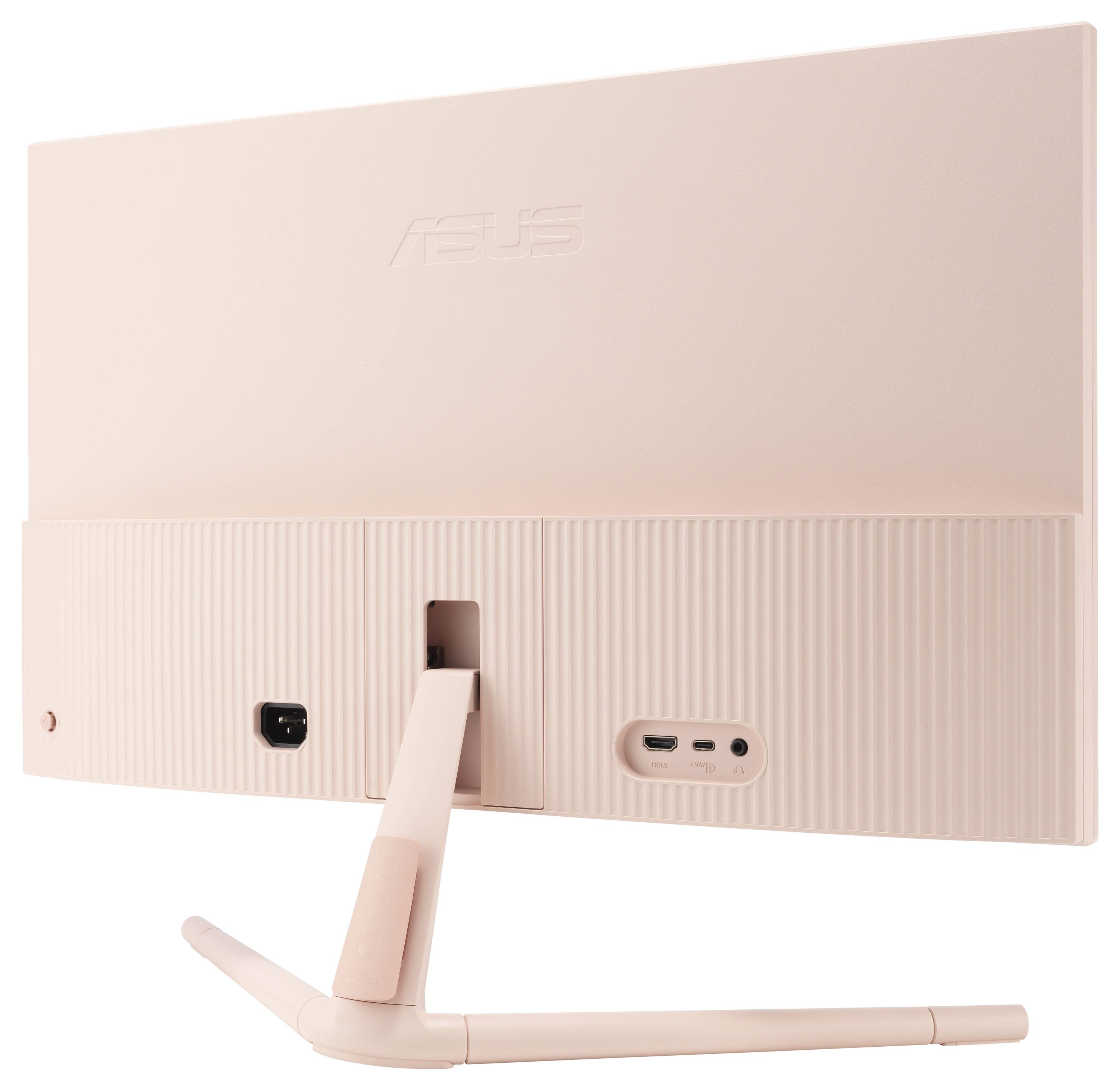 Ein rosafarbener Computermonitor von ASUS mit Anschlüssen auf der Rückseite und modernem, schlankem Design.