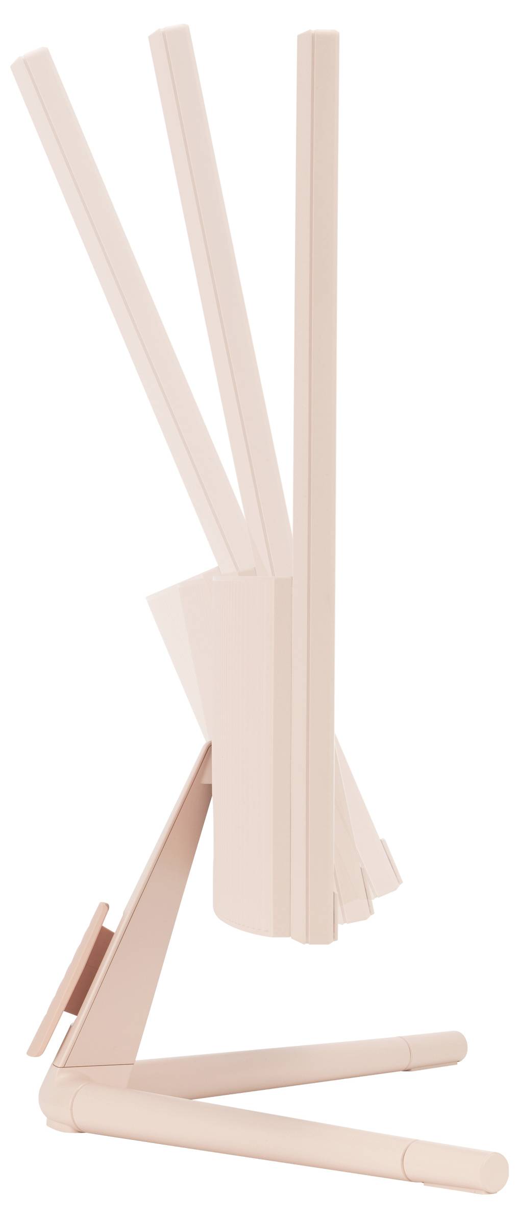 Ein rosafarbener, faltbarer Ständer mit drei verstellbaren Paneelen in Seitenansicht. Ideal für leichte Displays oder Tablets.