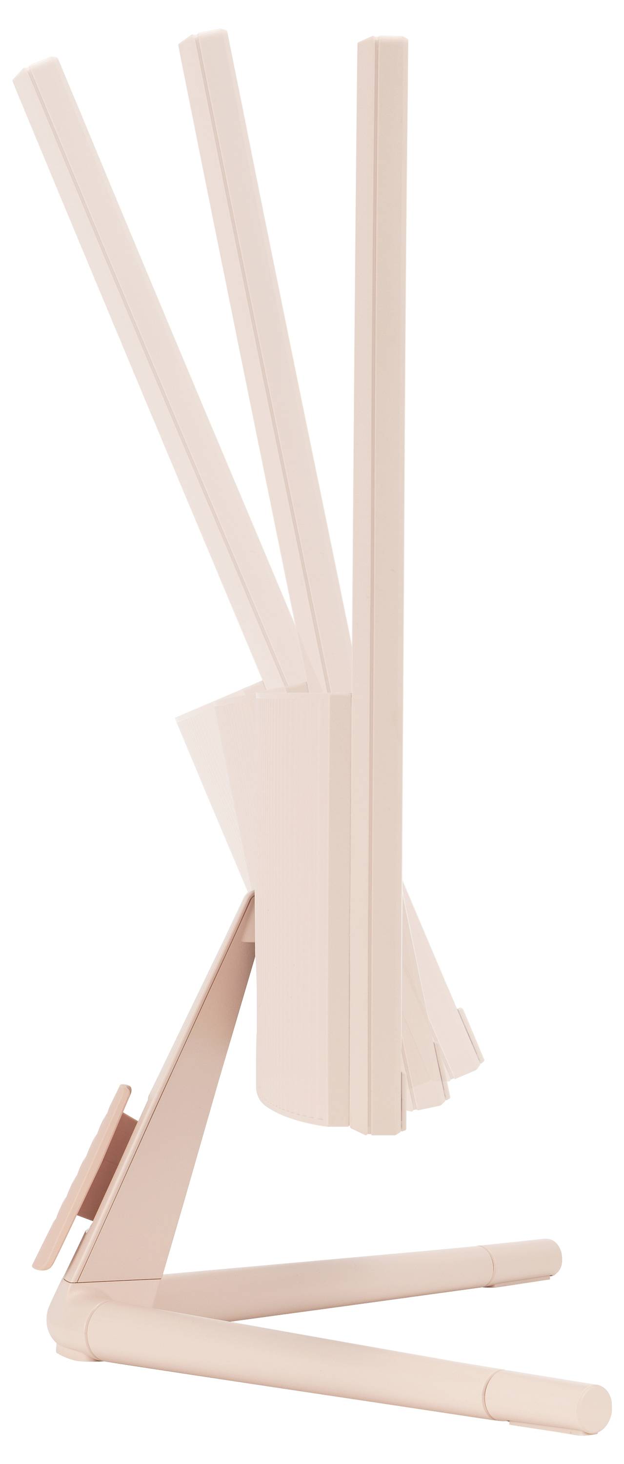 Rosa Tischlampe mit schwenkbarem, dreiteiligem Schirm, auf einem stabilen Standfuß montiert. Modernes, minimalistisches Design.