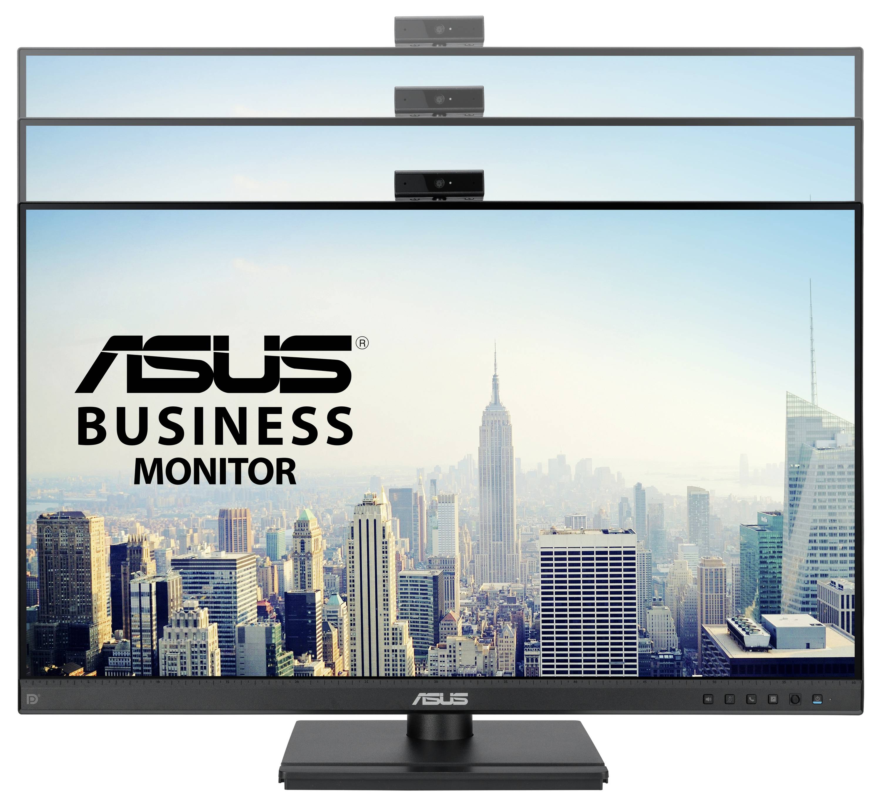 Ein ASUS Business Monitor mit einer Stadtansicht auf dem Bildschirm. Eine integrierte Kamera ist oben sichtbar. Ideal für Videokonferenzen.