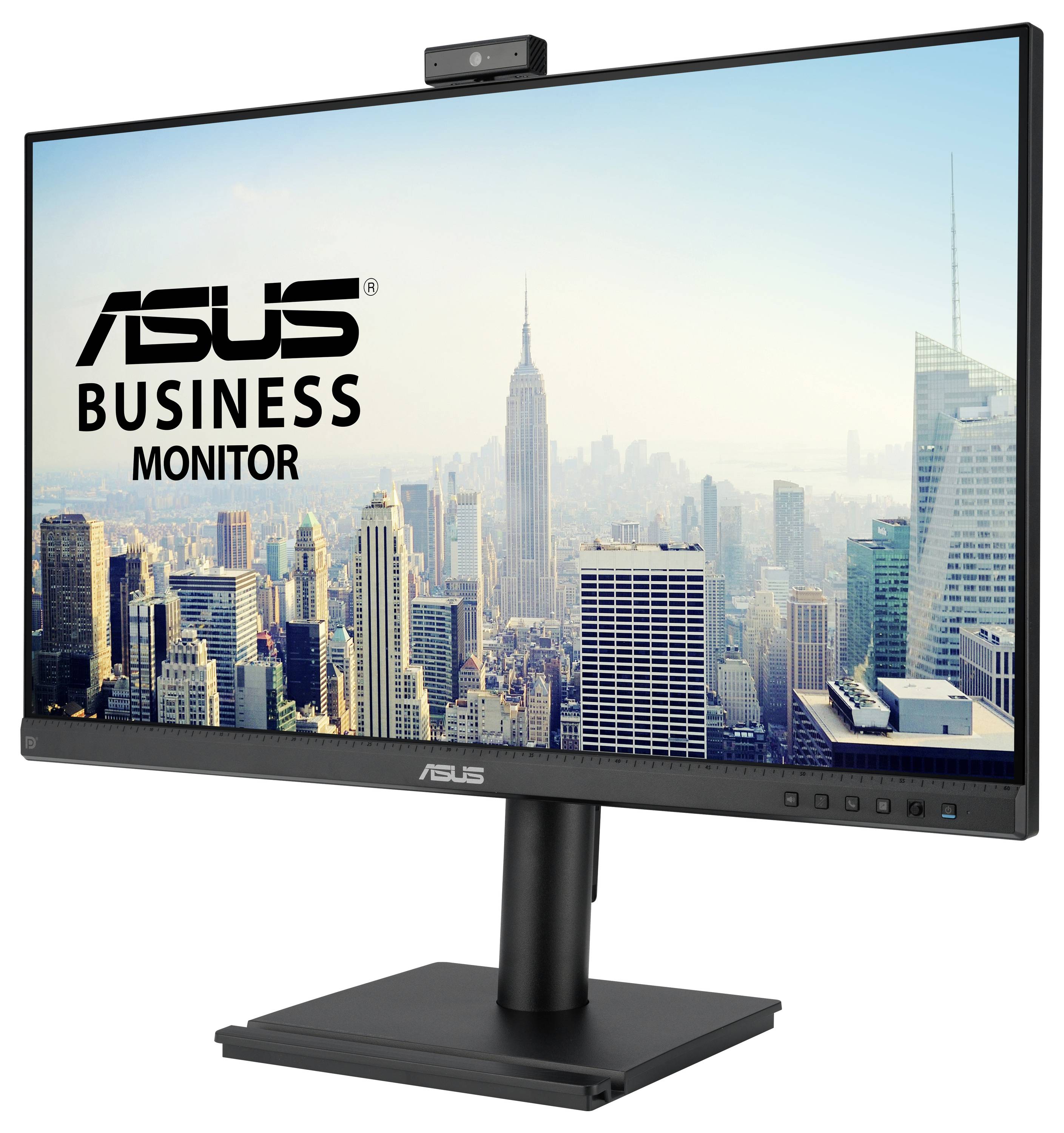 Ein Computerbildschirm zeigt eine Stadtsilhouette mit Hochhäusern. Oben links steht 'ASUS Business Monitor'. Eine Kamera ist auf dem Bildschirm montiert.