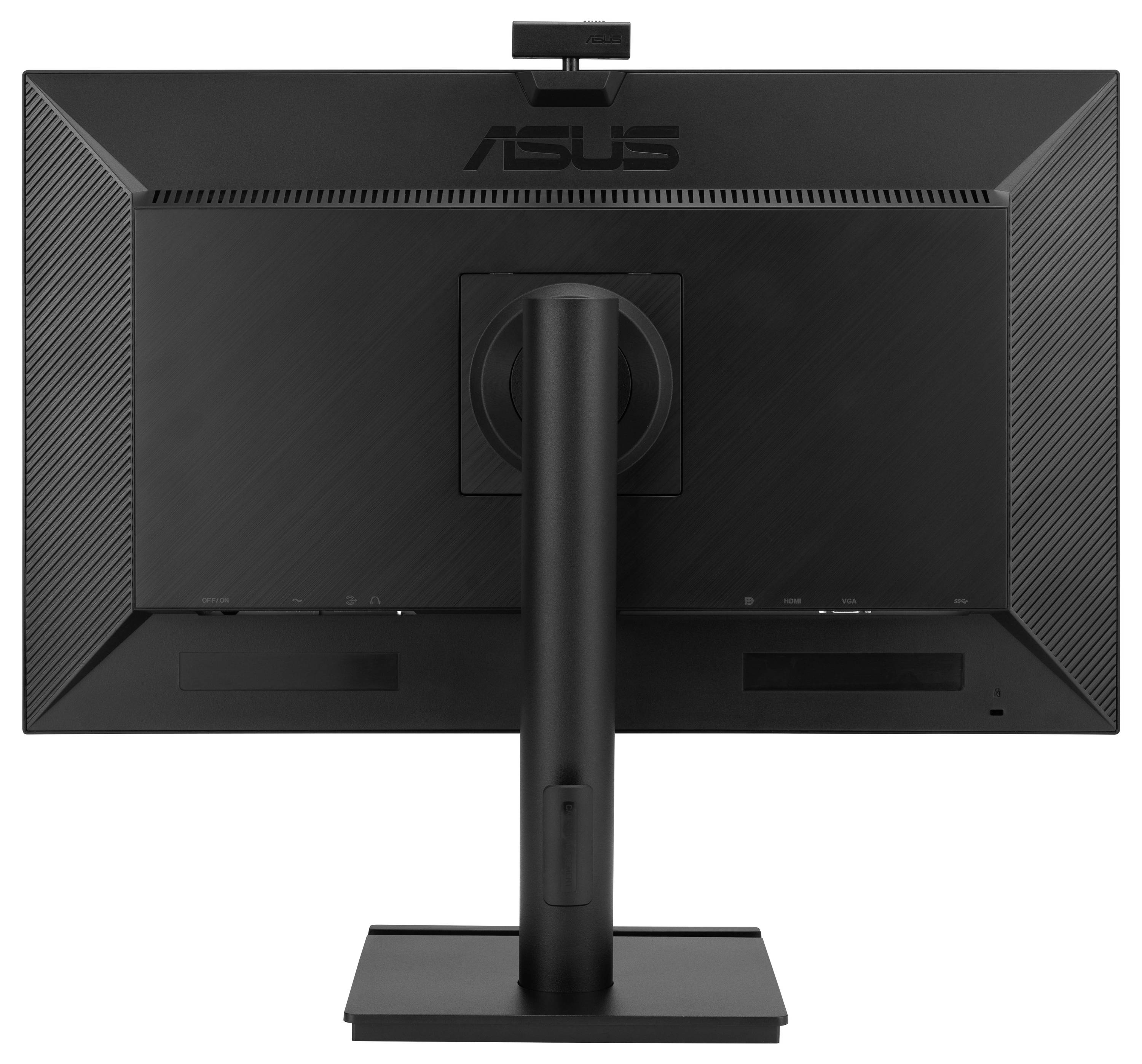 Ein schwarzer Computermonitor von hinten, mit einer stabilen, höhenverstellbaren Standhalterung. Oben ist ein Herstellerlogo sichtbar.