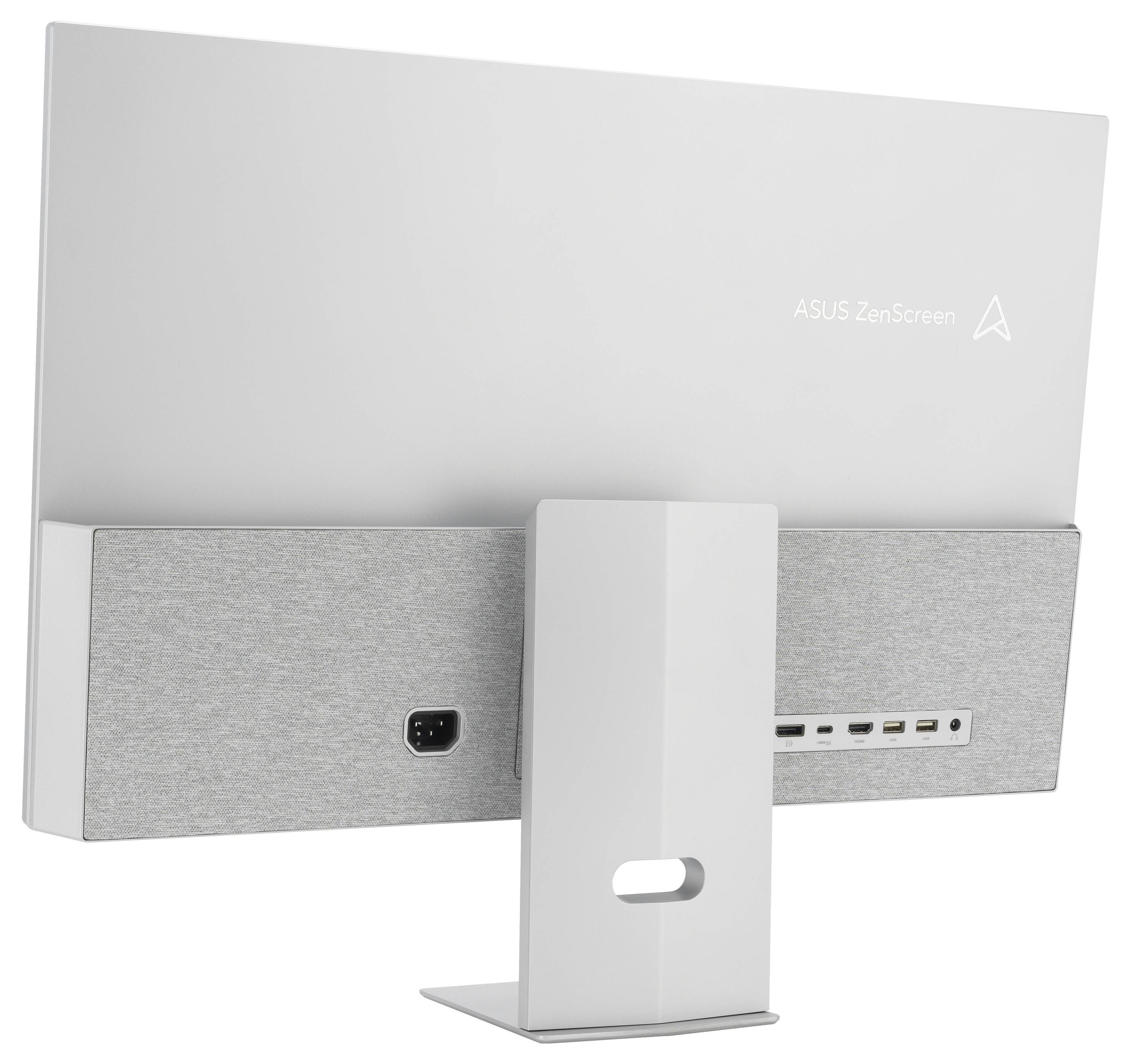 Ein weißer Computer-Monitor von hinten mit mehreren Anschlüssen an der Rückseite.