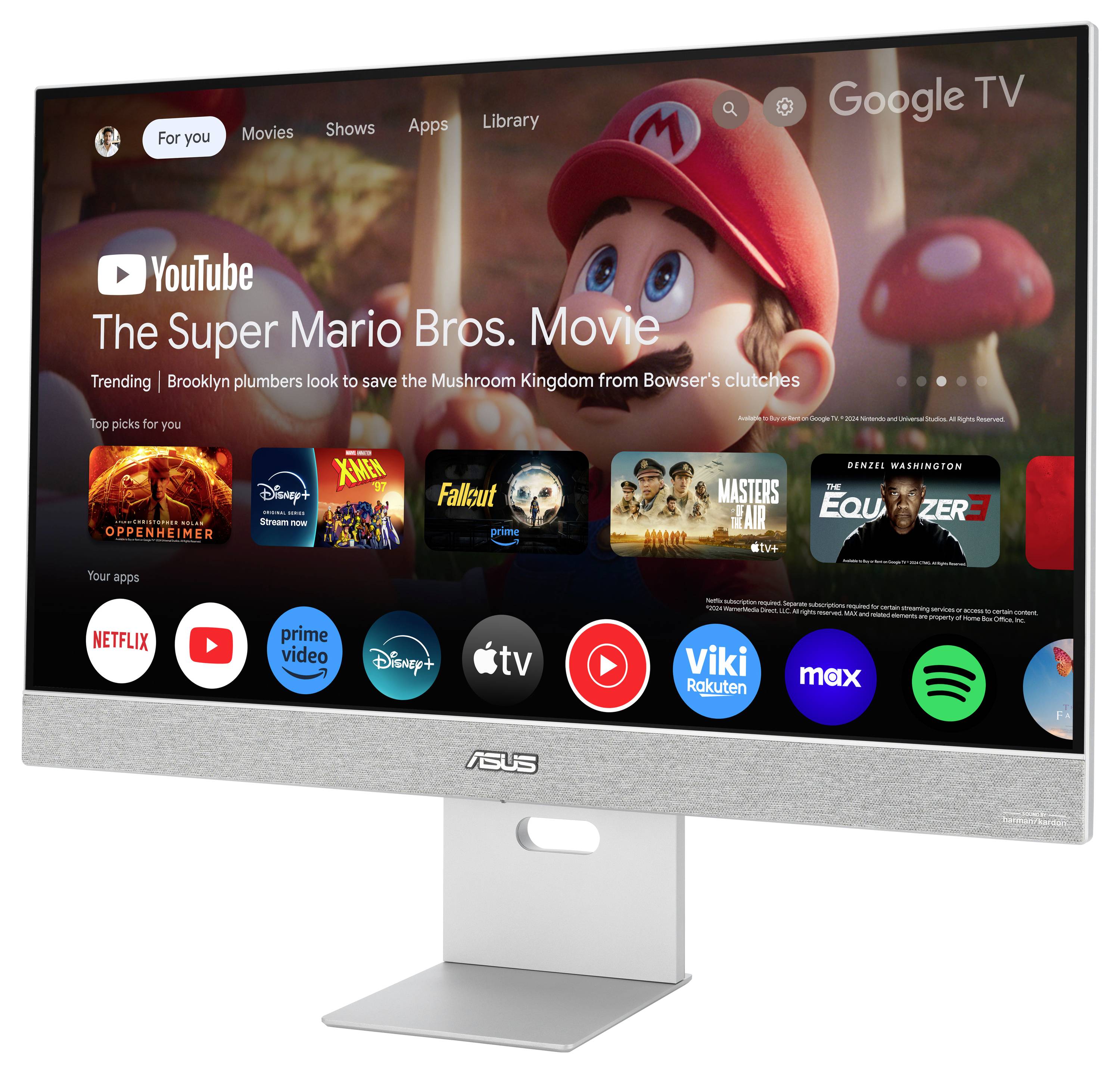 Ein Computerbildschirm zeigt die Benutzeroberfläche von Google TV. In der Mitte wird 'The Super Mario Bros. Movie' hervorgehoben.