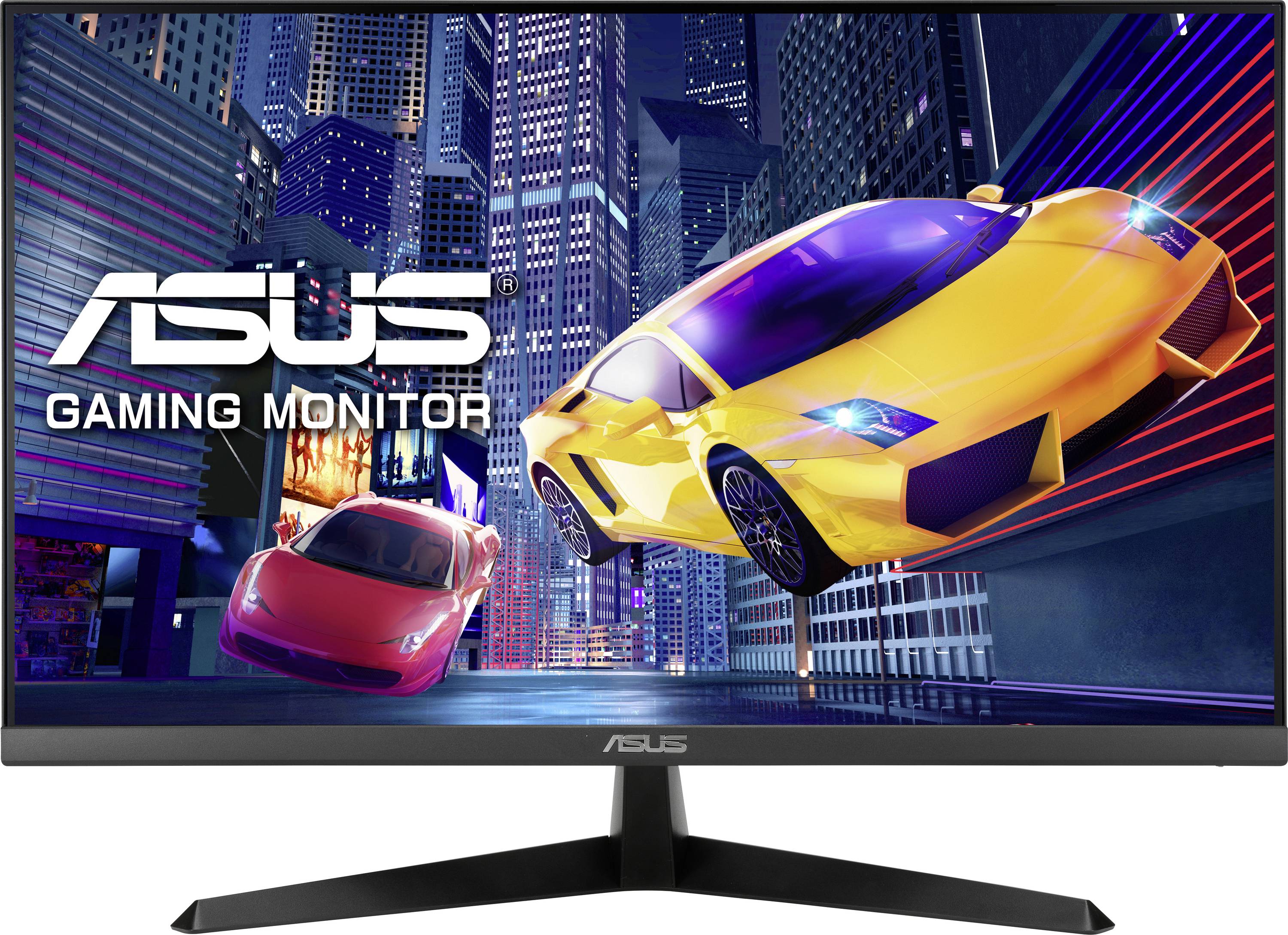 ASUS Gaming Monitor mit zwei Rennwagen in einer futuristischen Stadt.
