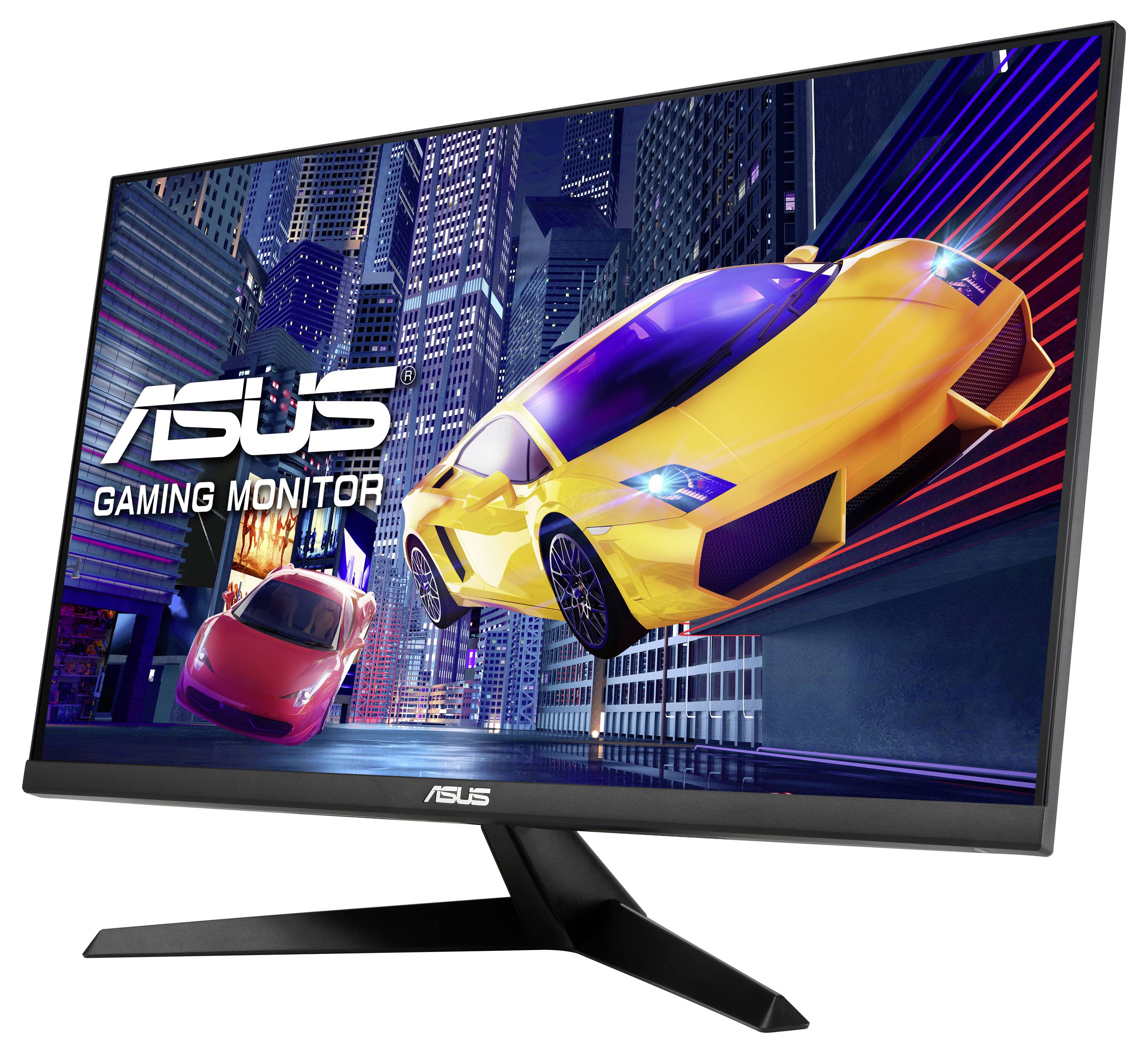 Ein Gaming-Monitor von Asus zeigt ein Bild mit zwei futuristischen Autos in einer neonbeleuchteten Stadt.