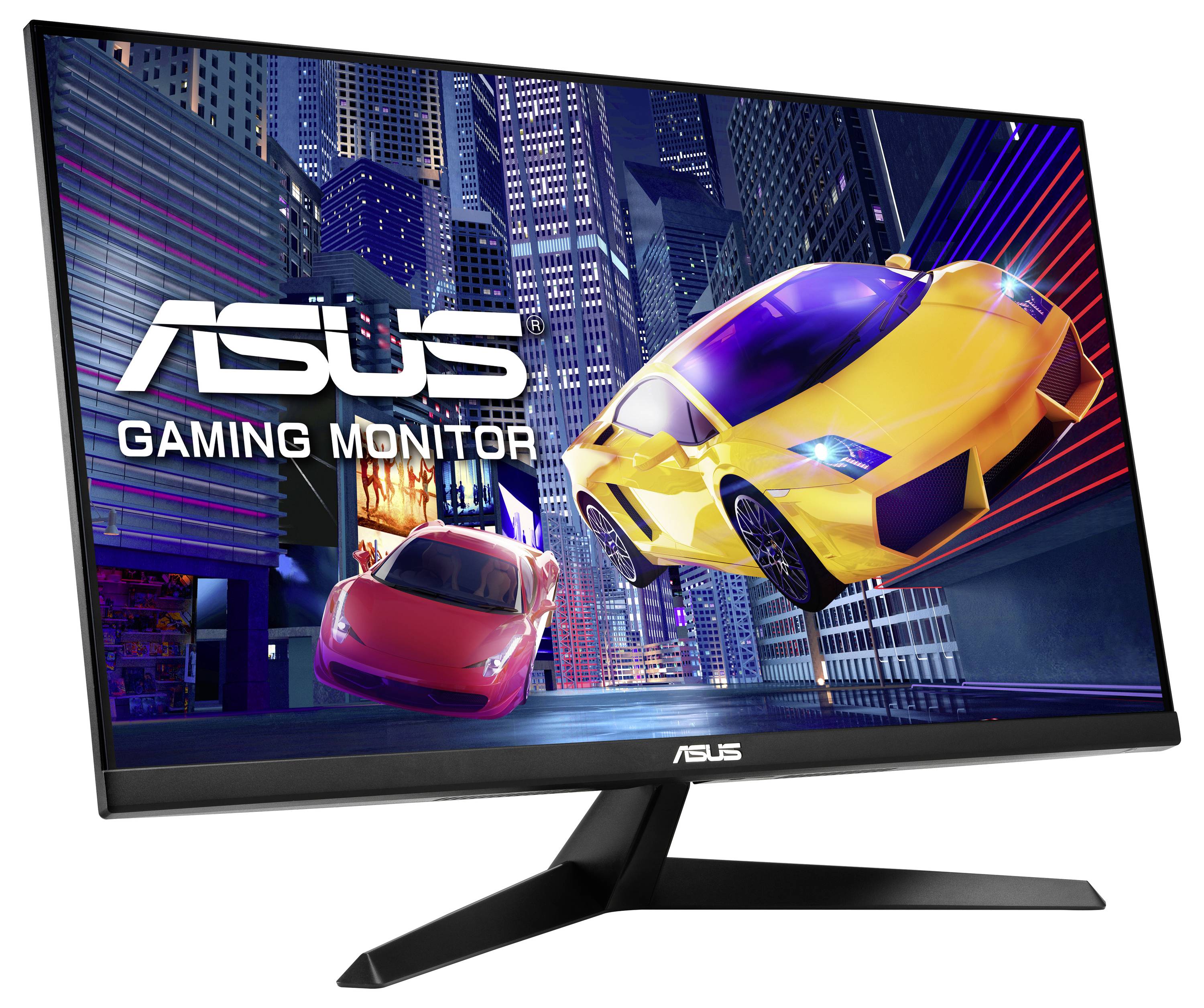Ein ASUS-Gaming-Monitor zeigt ein Bild von zwei Rennwagen in einer futuristischen Stadt. Links ist das ASUS-Logo sichtbar.