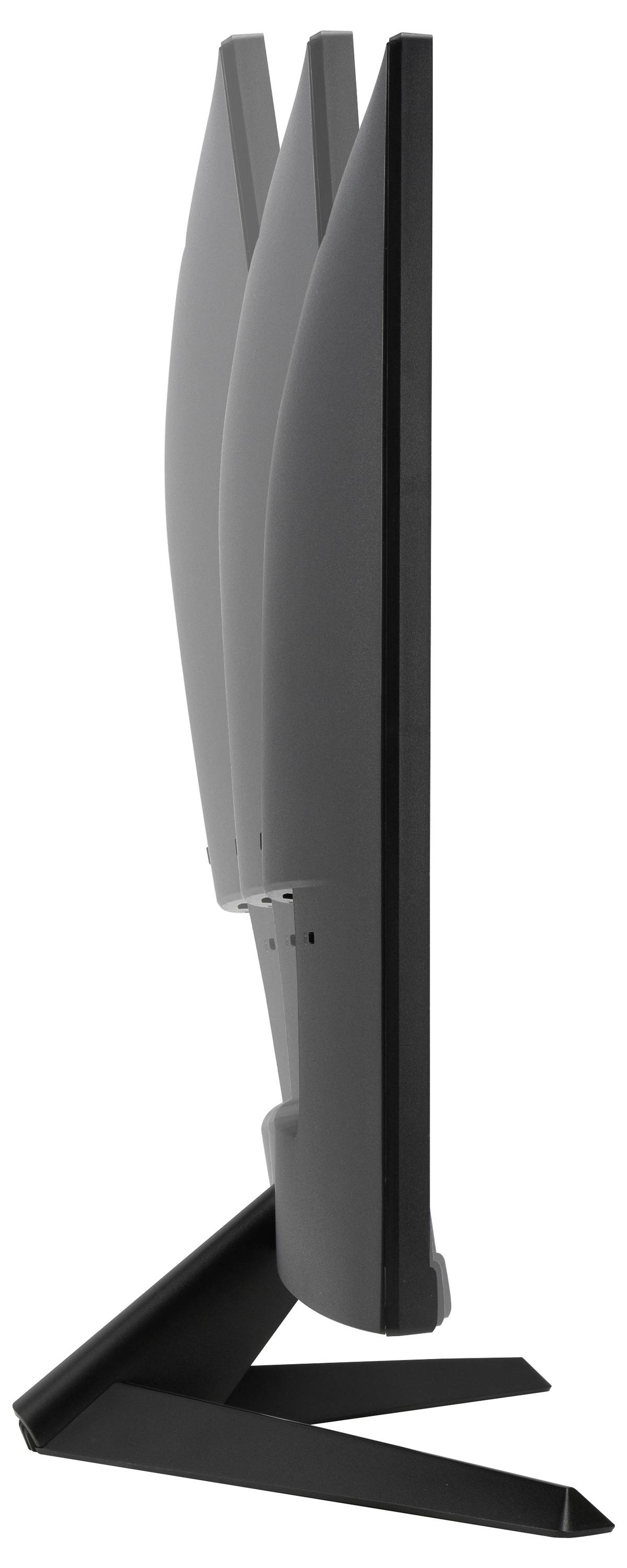 Seitenansicht eines schwenkbaren, flachen Monitors mit schlankem Design. Der Monitor ist nach rechts geneigt.