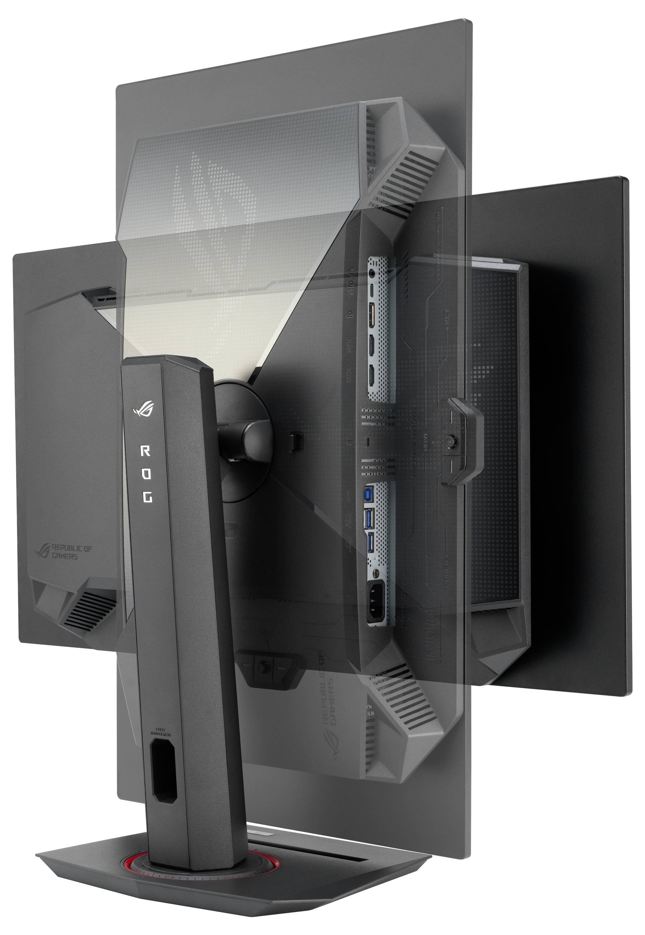 Ein Monitor mit drehbarem Bildschirm wird von hinten gezeigt. Sichtbar sind mehrere Anschlüsse und ein stabiler, verstellbarer Standfuß.