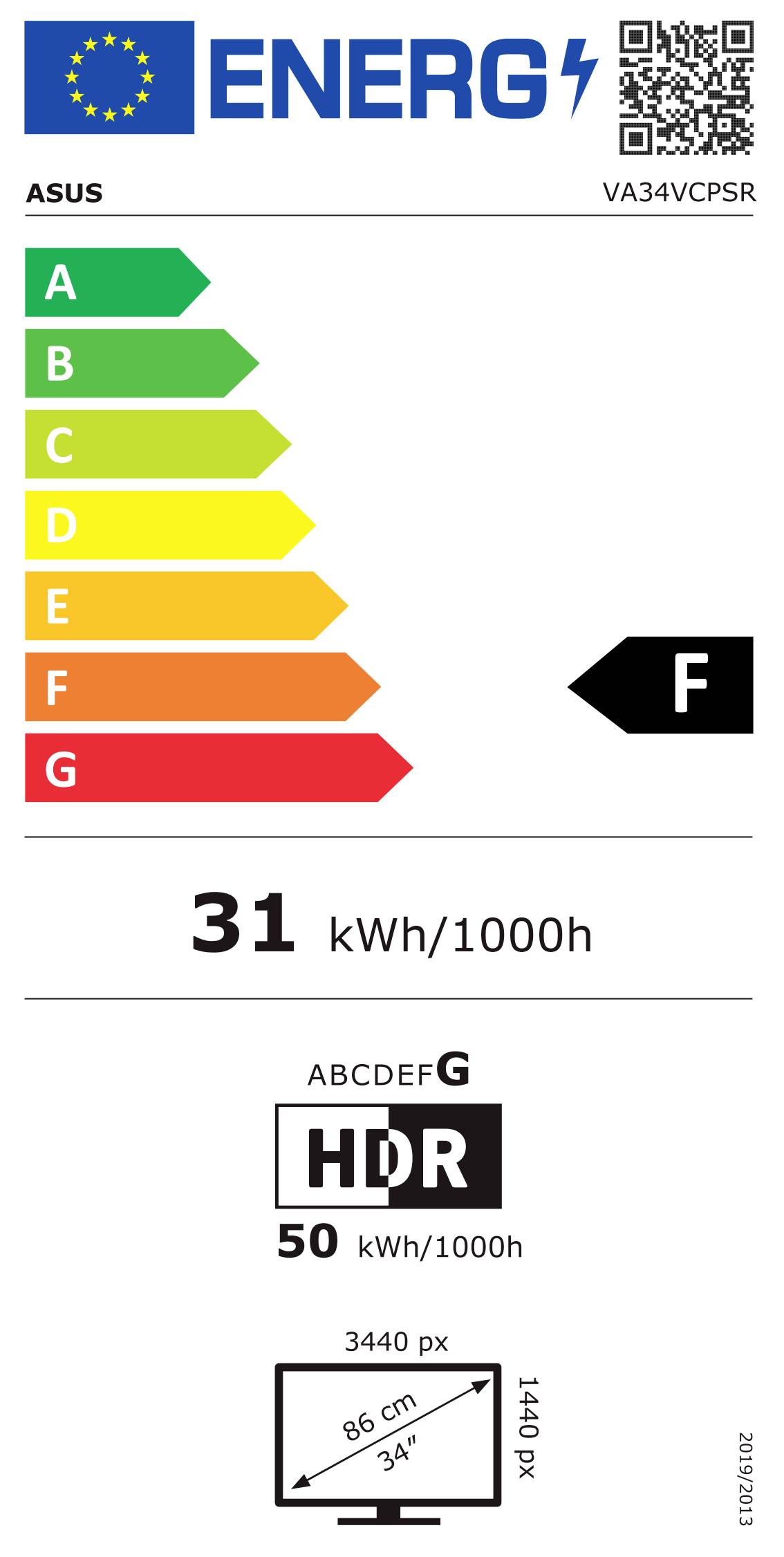 Energieeffizienzlabel für ASUS VA34VCPSR mit Bewertung F, Verbrauch 31 kWh/1000h. HDR: 50 kWh/1000h. Displaygröße 86 cm (34