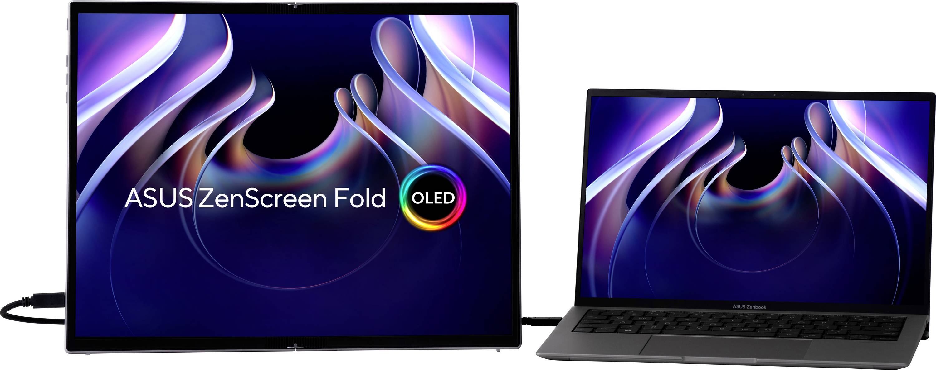 Zwei Bildschirme nebeneinander: links ein großer vertikaler Monitor mit 'ASUS ZenScreen Fold OLED', rechts ein Laptop.