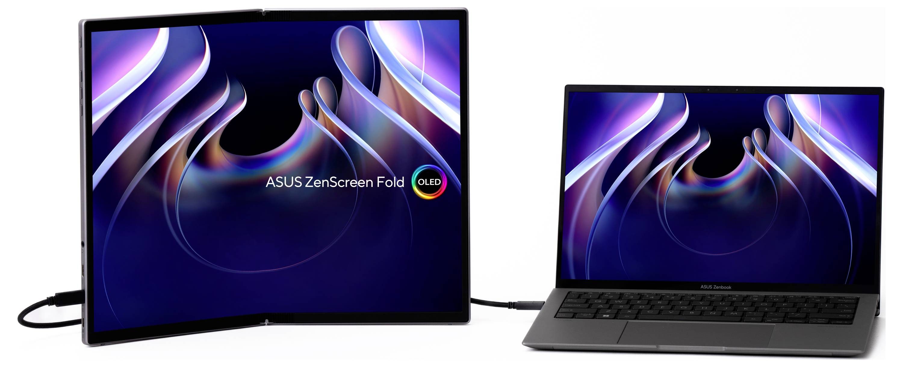 Zwei Monitore: Links ein großer, zusammenklappbarer Bildschirm mit dem Text 'ASUS ZenScreen Fold'. Rechts ein Laptop mit ähnlichem Display.