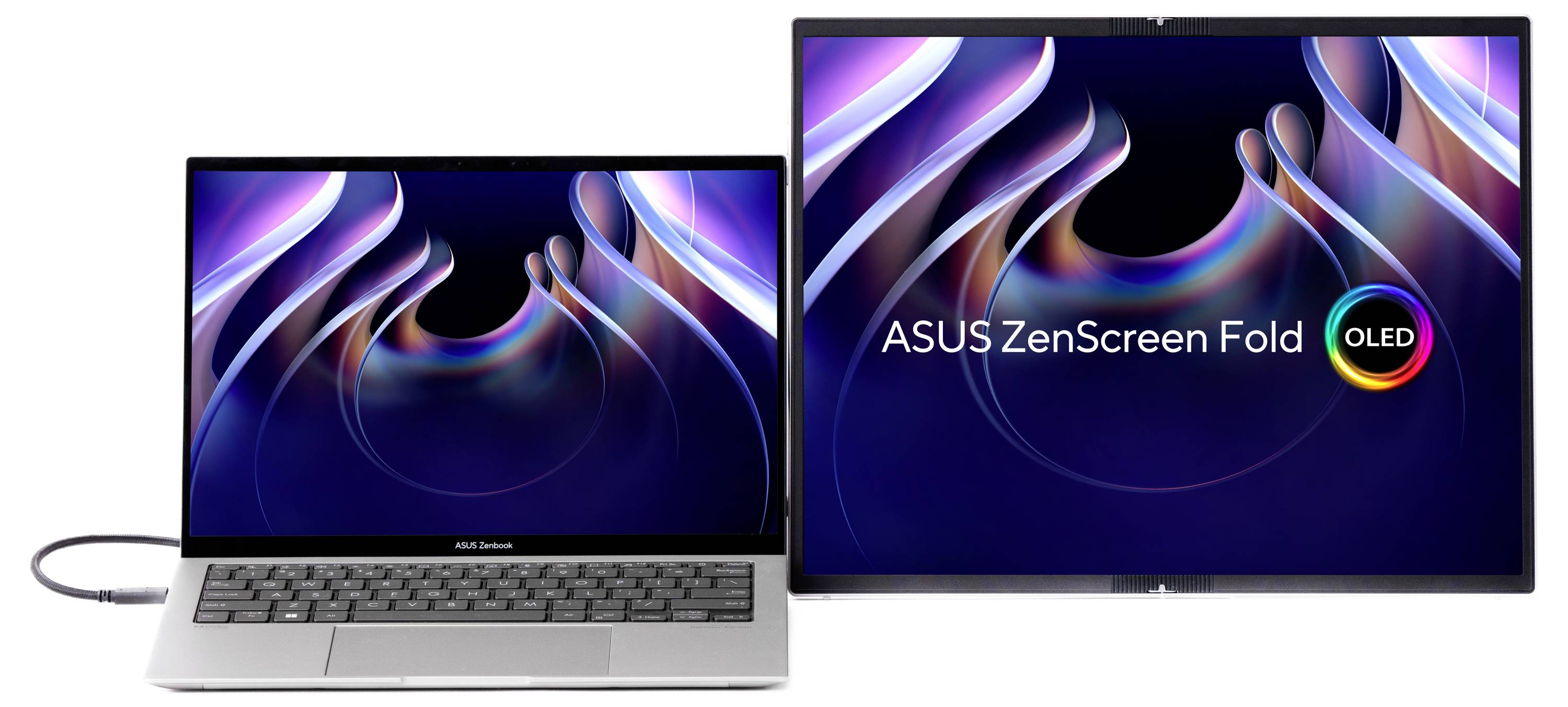 Laptop mit angeschlossenem externen Bildschirm. Beide zeigen ein buntes, abstraktes Design. Text auf dem Bildschirm: 'ASUS ZenScreen Fold OLED'.
