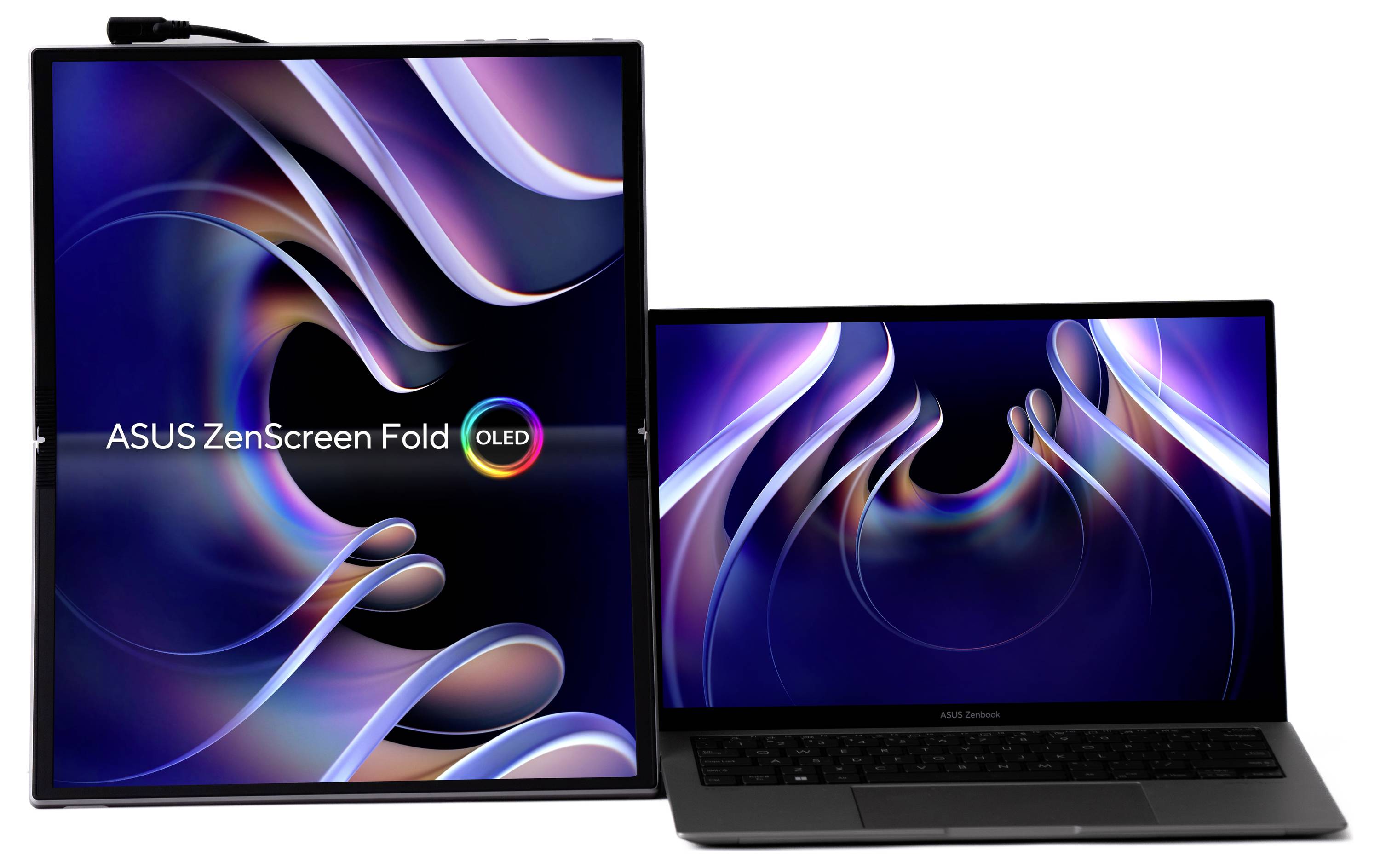 Zwei ASUS ZenScreen Fold OLED-Monitore, einer vertikal gefaltet, der andere horizontal, zeigen ein buntes, abstraktes Muster.