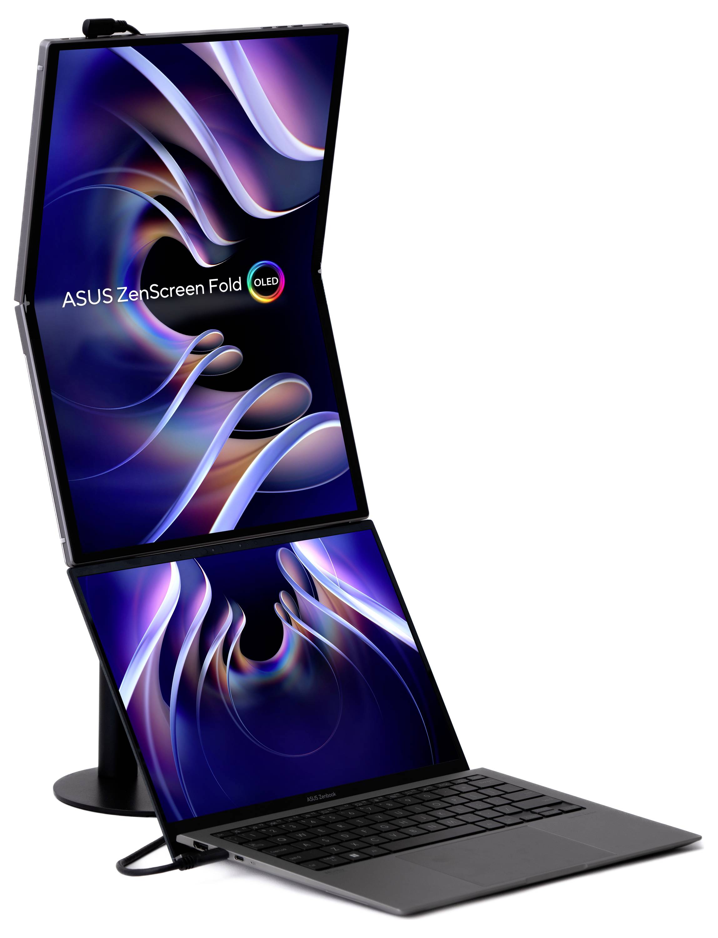 Laptop mit zwei Bildschirmen, übereinander angeordnet. Oben ist ein größerer Bildschirm, unten ein kleinerer mit Tastatur.