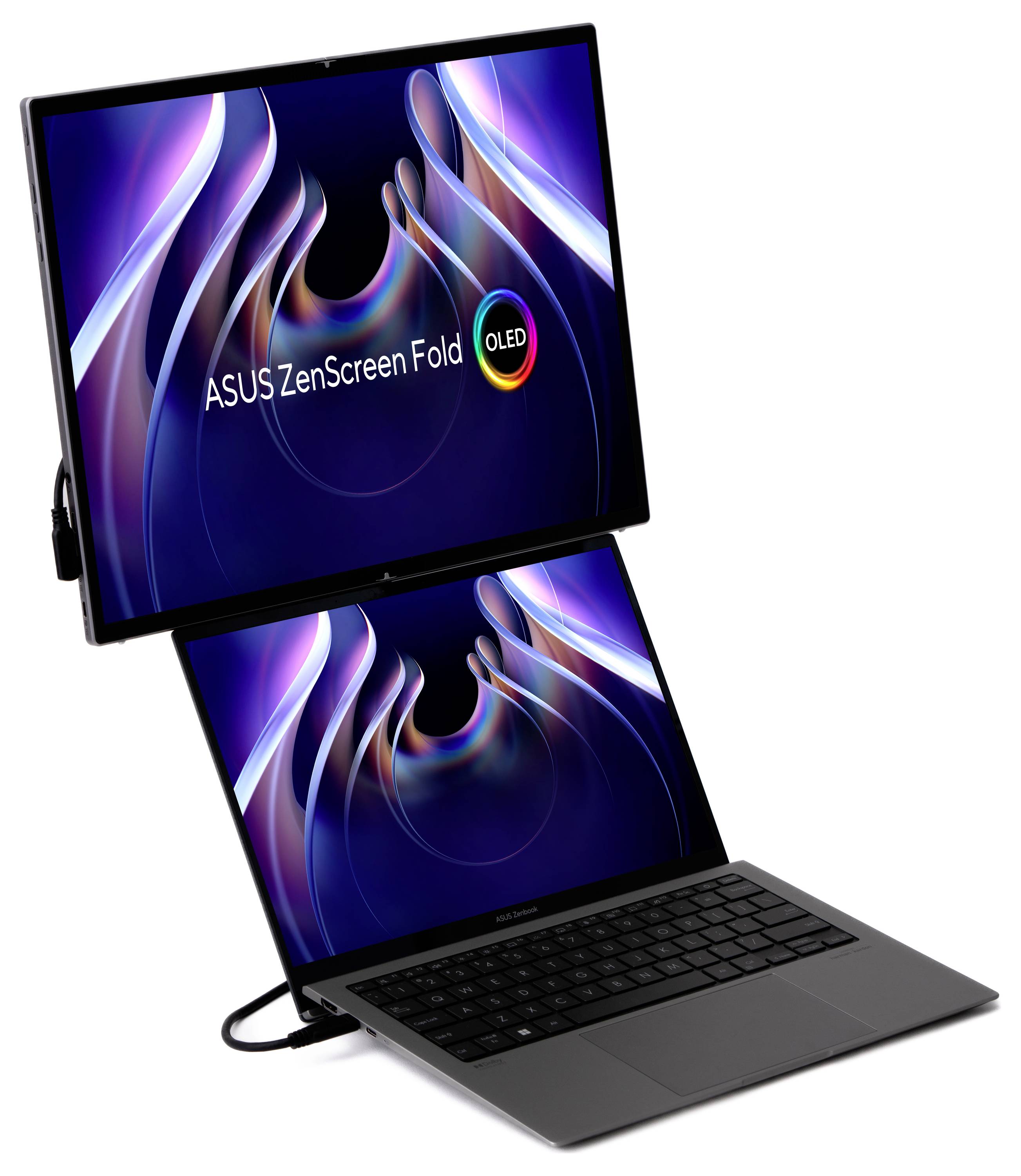 Ein Laptop mit zwei Bildschirmen, einer vertikal und einer horizontal. Auf dem vertikalen Bildschirm steht 'ASUS ZenScreen Fold OLED'.