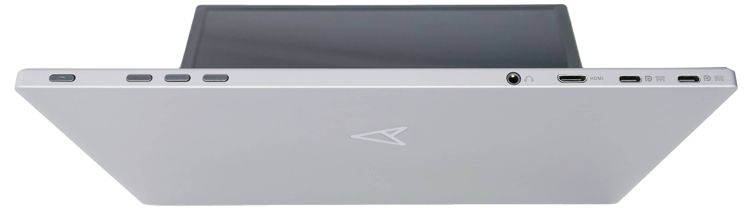 Ein Laptop in der Farbe Silber mit mehreren Anschlüssen auf der Rückseite, darunter USB und HDMI. Das Gerät ist teilweise geschlossen.