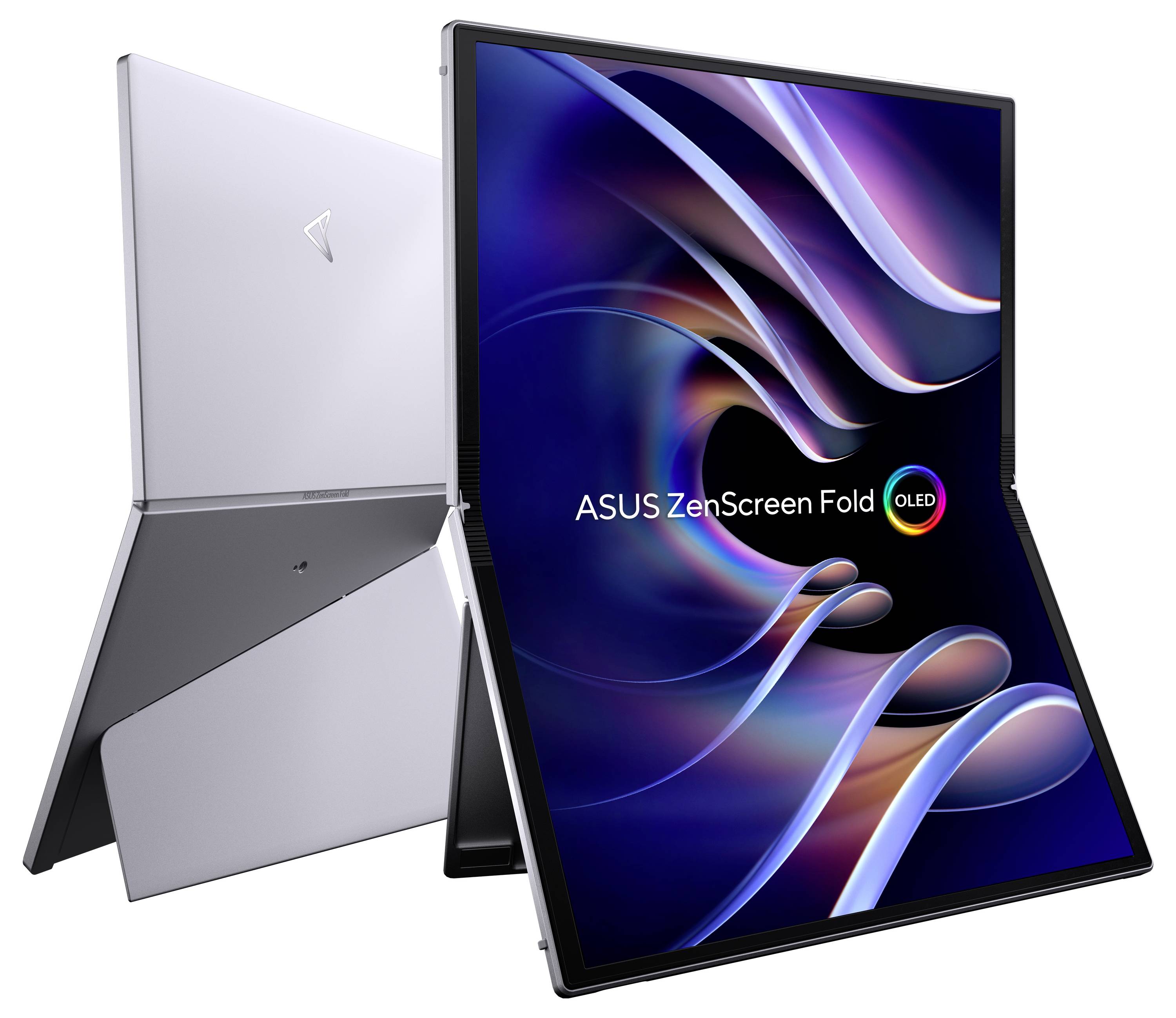 Ein faltbarer ASUS-Bildschirm in modernen Farben. Text: 'ASUS ZenScreen Fold OLED'. Der Bildschirm steht frei durch ein integriertes Stützsystem.