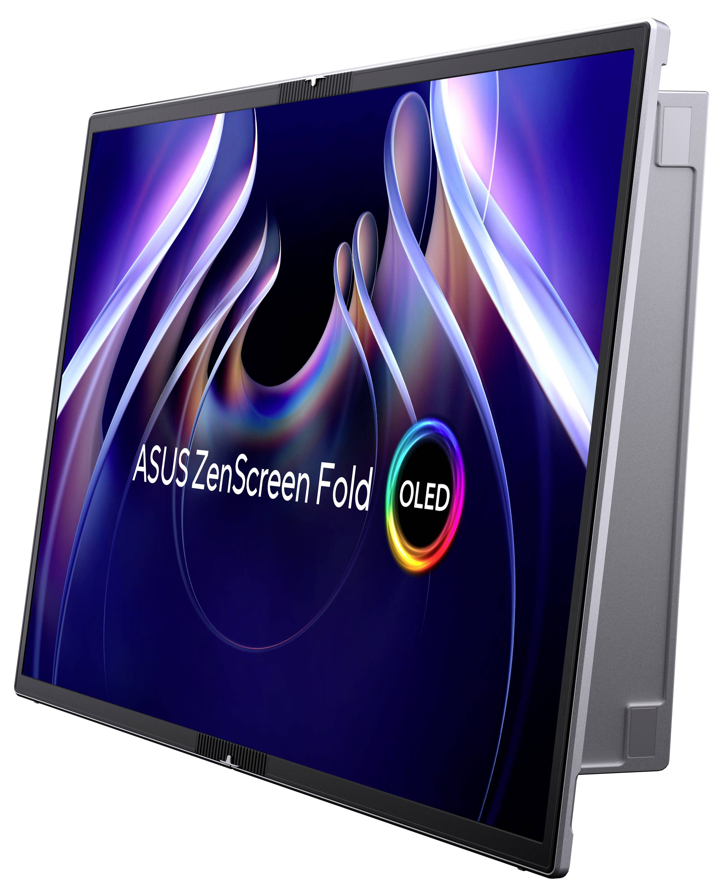 ASUS ZenScreen Fold OLED-Monitor, leicht angewinkelt, zeigt Logo und bunte, wellenförmige Hintergrundgrafik.