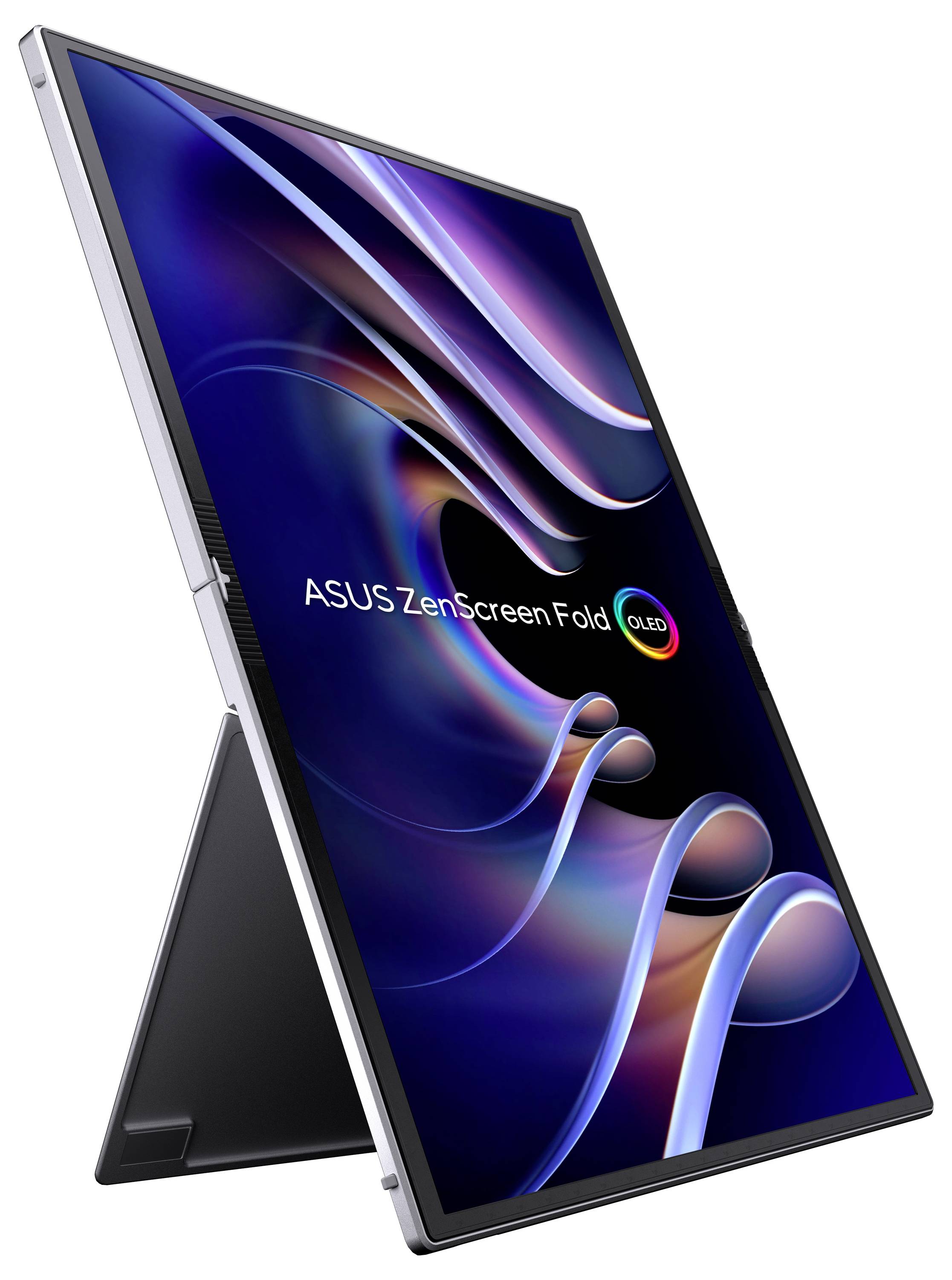 Ein ASUS ZenScreen Fold OLED-Monitor zeigt ein buntes, wellenförmiges Muster auf dem Display. Der Monitor steht im Hochformat.