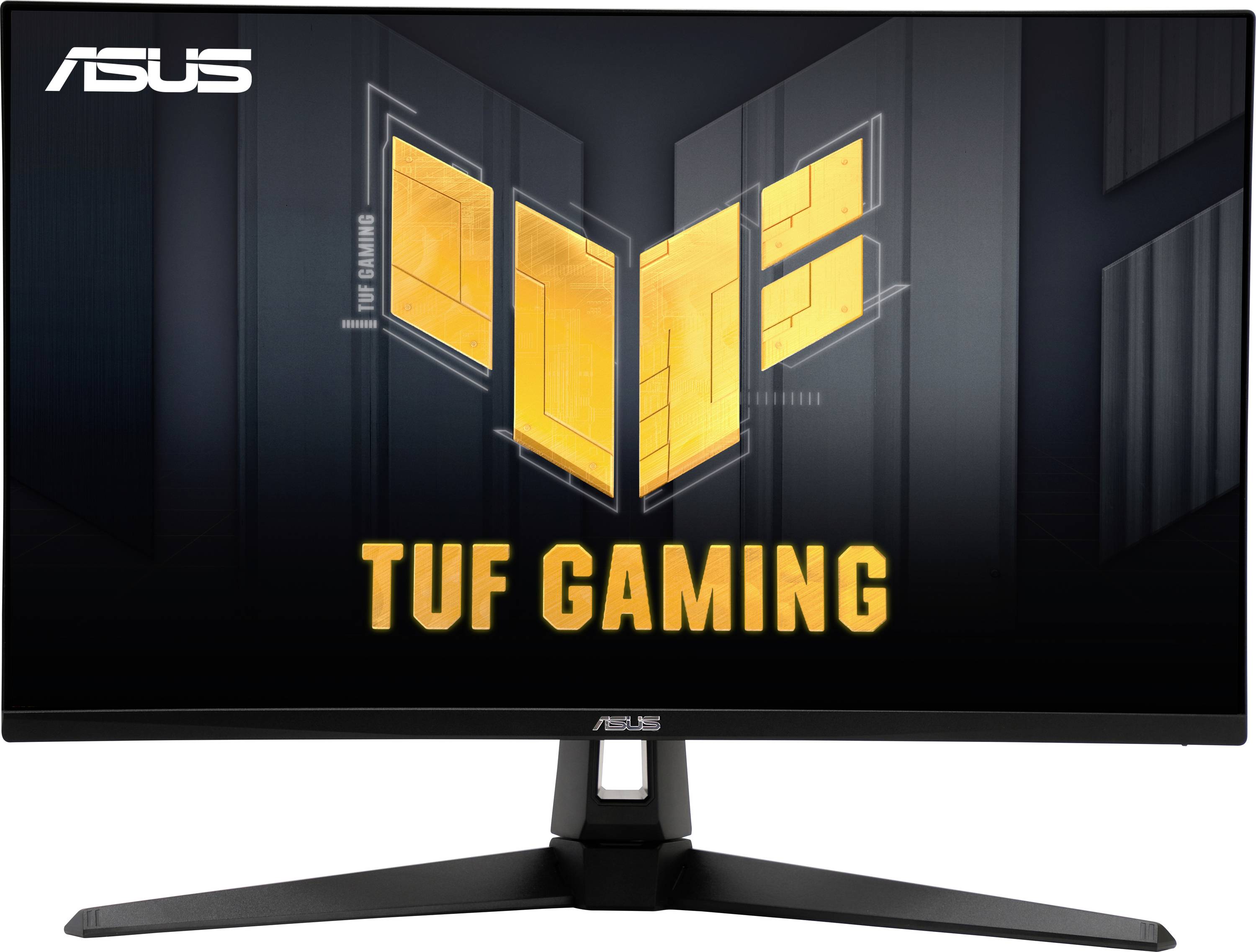 Gaming-Monitor mit schwarzem Gehäuse und gelbem Logo in der Mitte. Oben links steht 'ASUS' und darunter 'TUF Gaming' in Gelb.