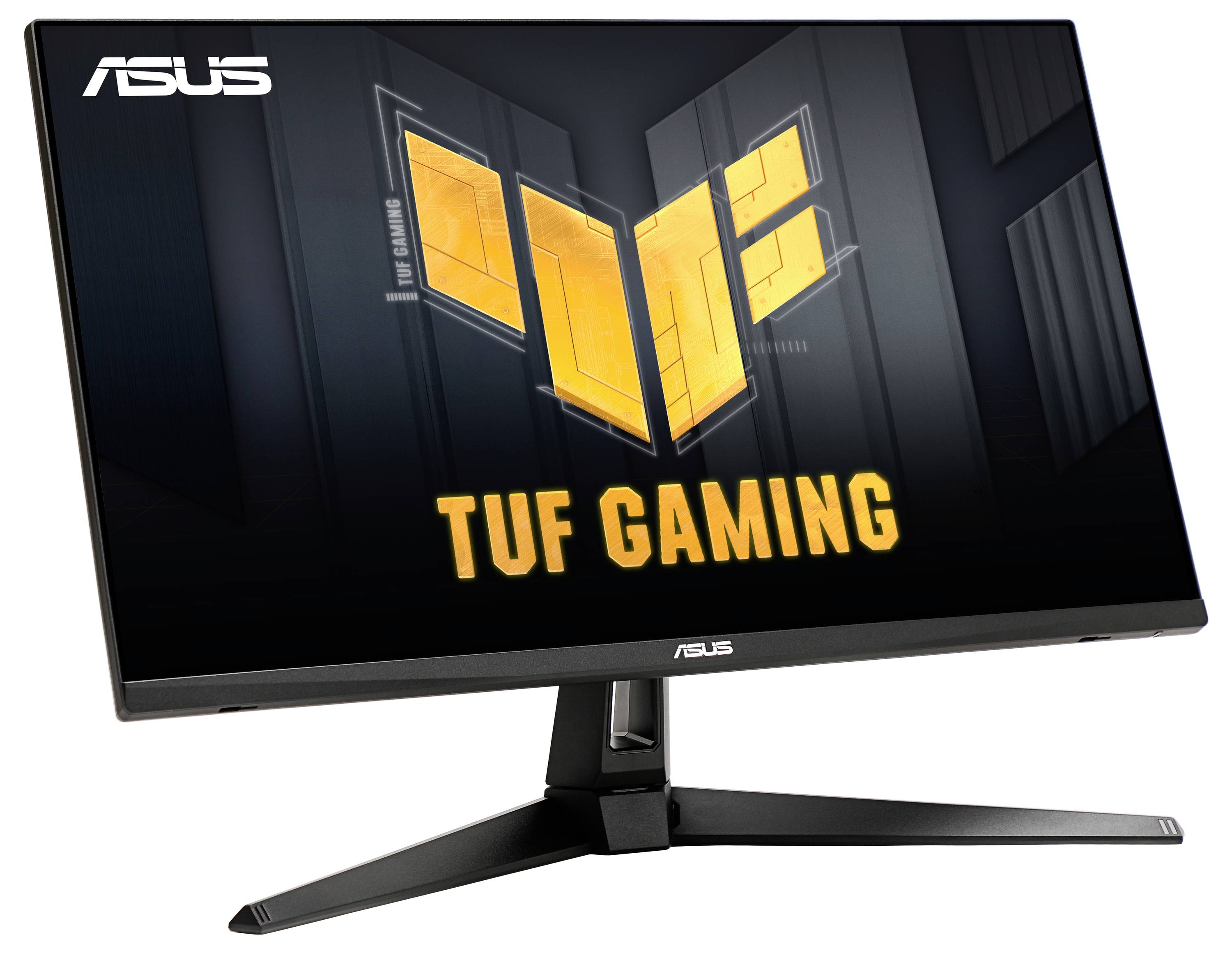 Computermonitor mit der Aufschrift 'ASUS TUF Gaming', schwarzes Gehäuse, modernes Design.