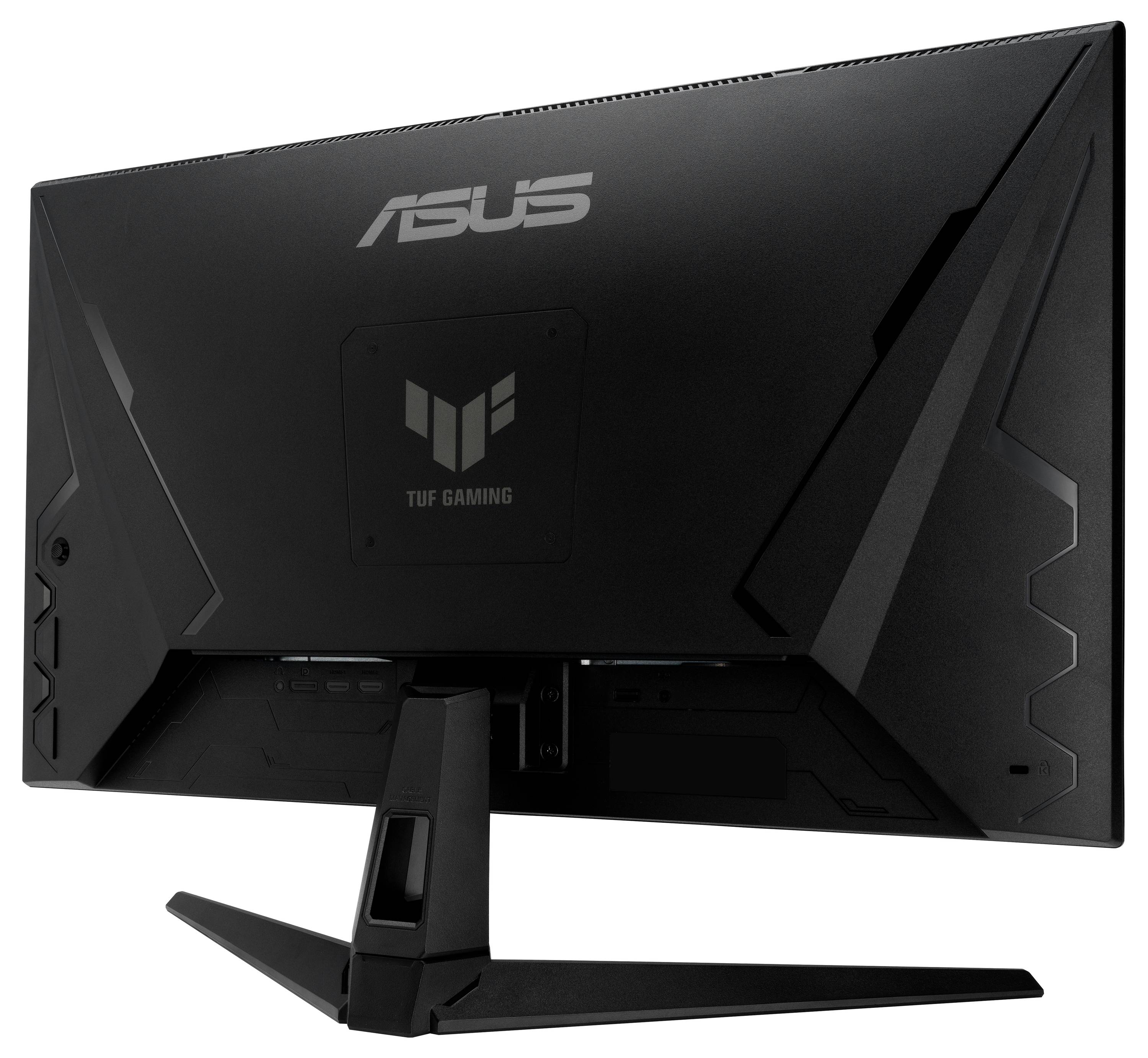 Das Bild zeigt die Rückseite eines schwarzen ASUS TUF Gaming Monitors mit markanten Designlinien und einem stabilen Standfuß.
