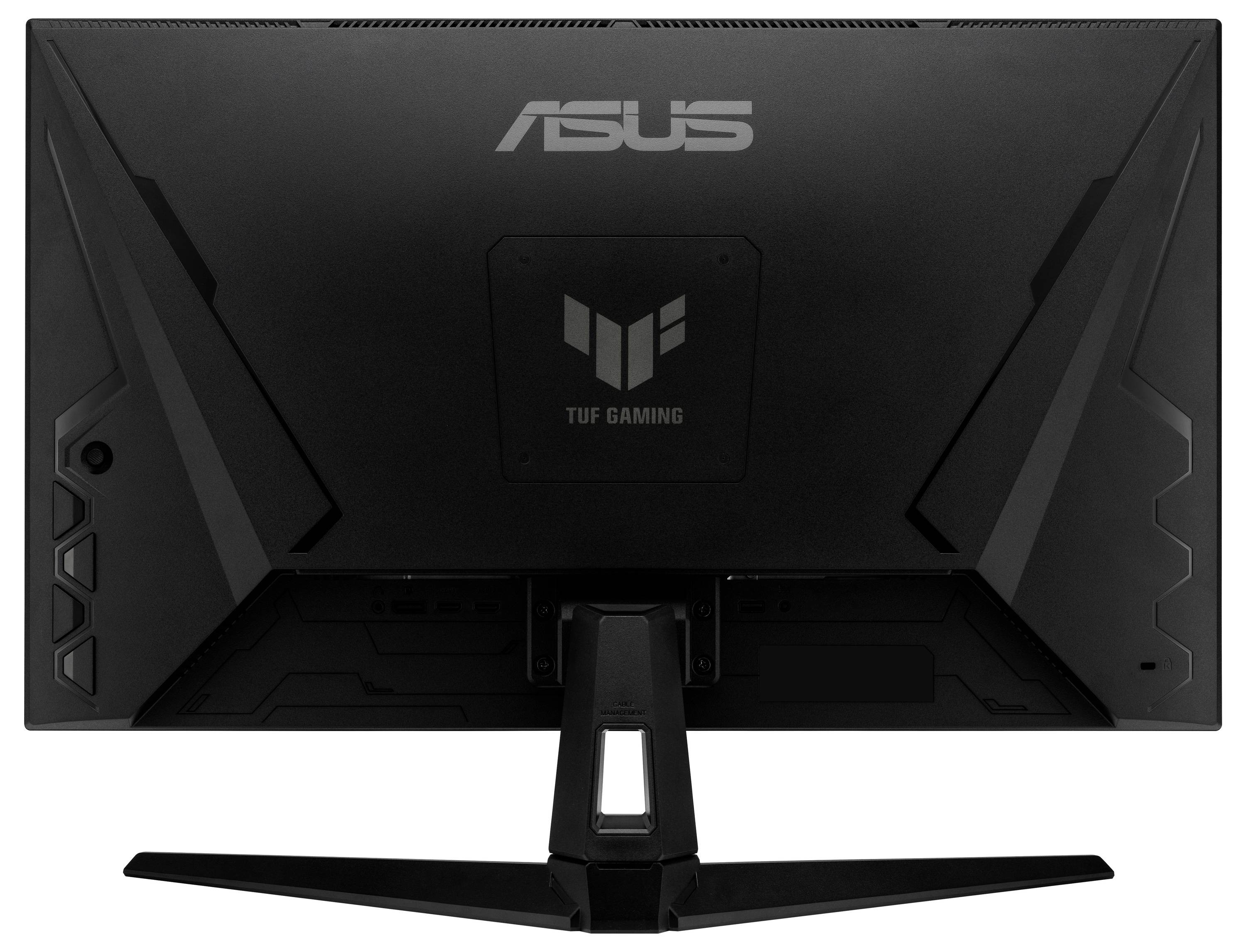 Rückseite eines ASUS TUF Gaming-Monitors mit schwarzem Gehäuse und markantem Design.