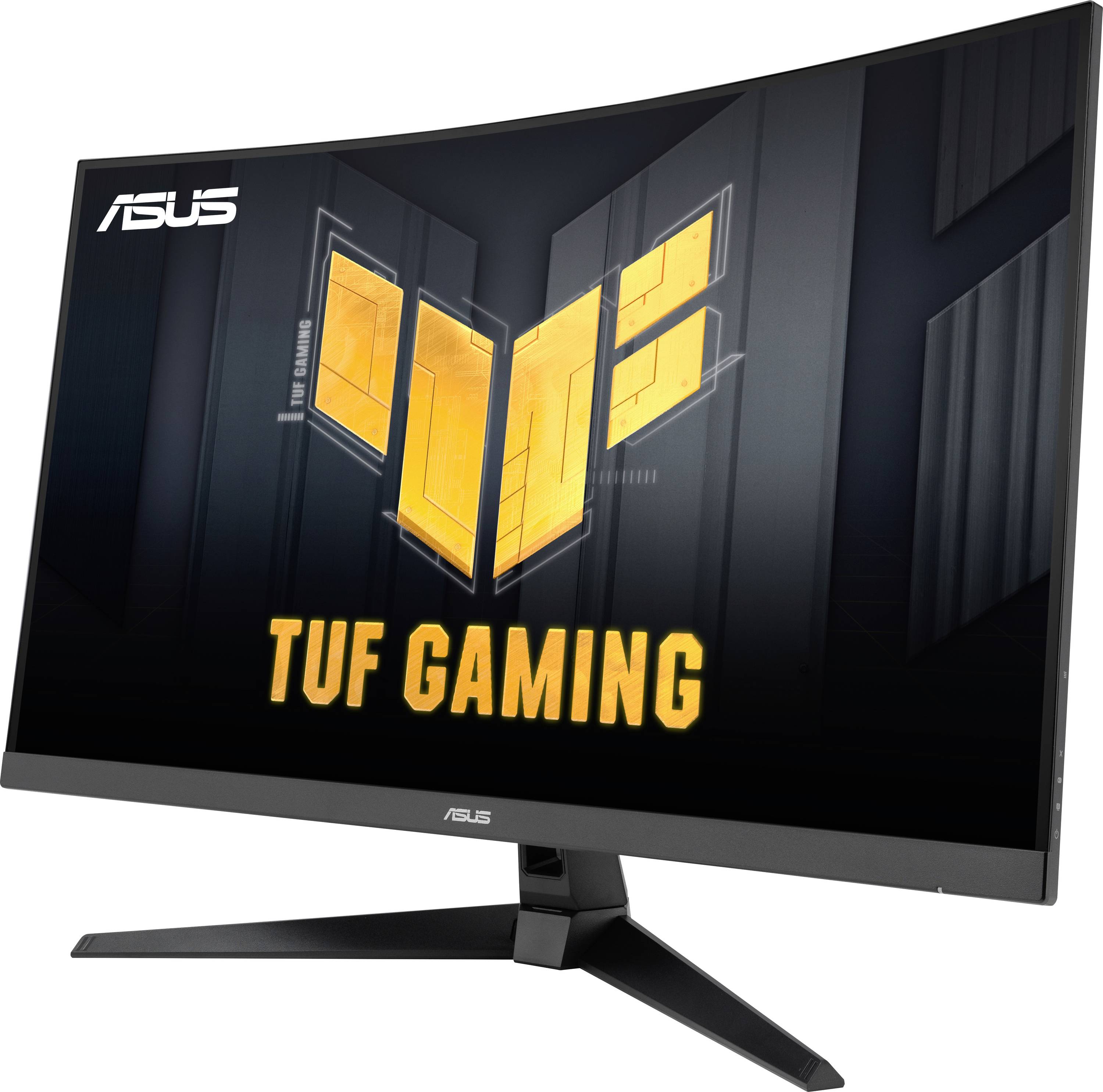 Ein curved Gaming-Monitor der Marke TUF von Asus mit großem Bildschirm und modernem Design, ideal für ein intensives Spielerlebnis.