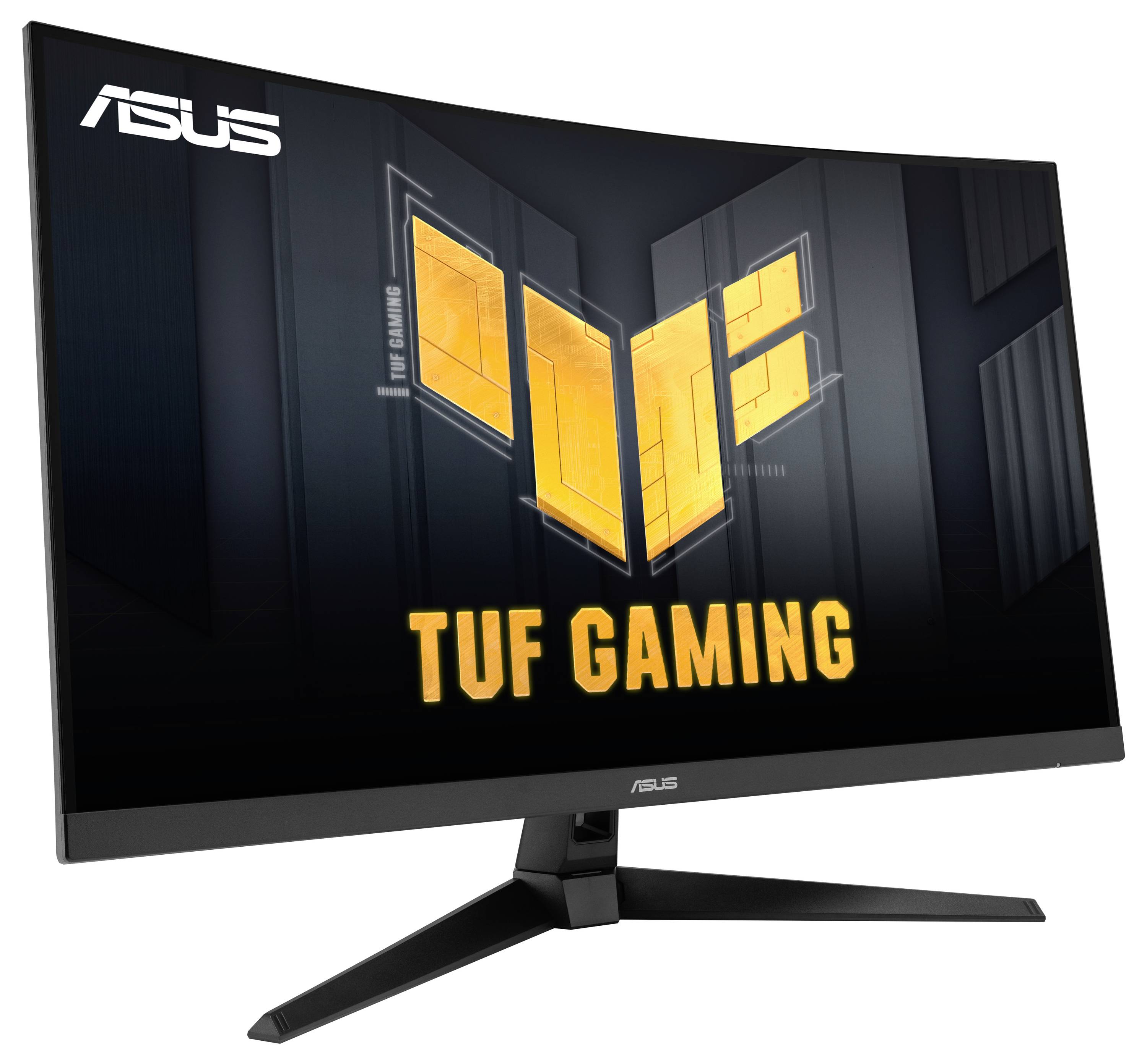 Gaming-Monitor der Marke ASUS mit gebogenem Display und dem Logo 'TUF Gaming' auf dem Bildschirm.
