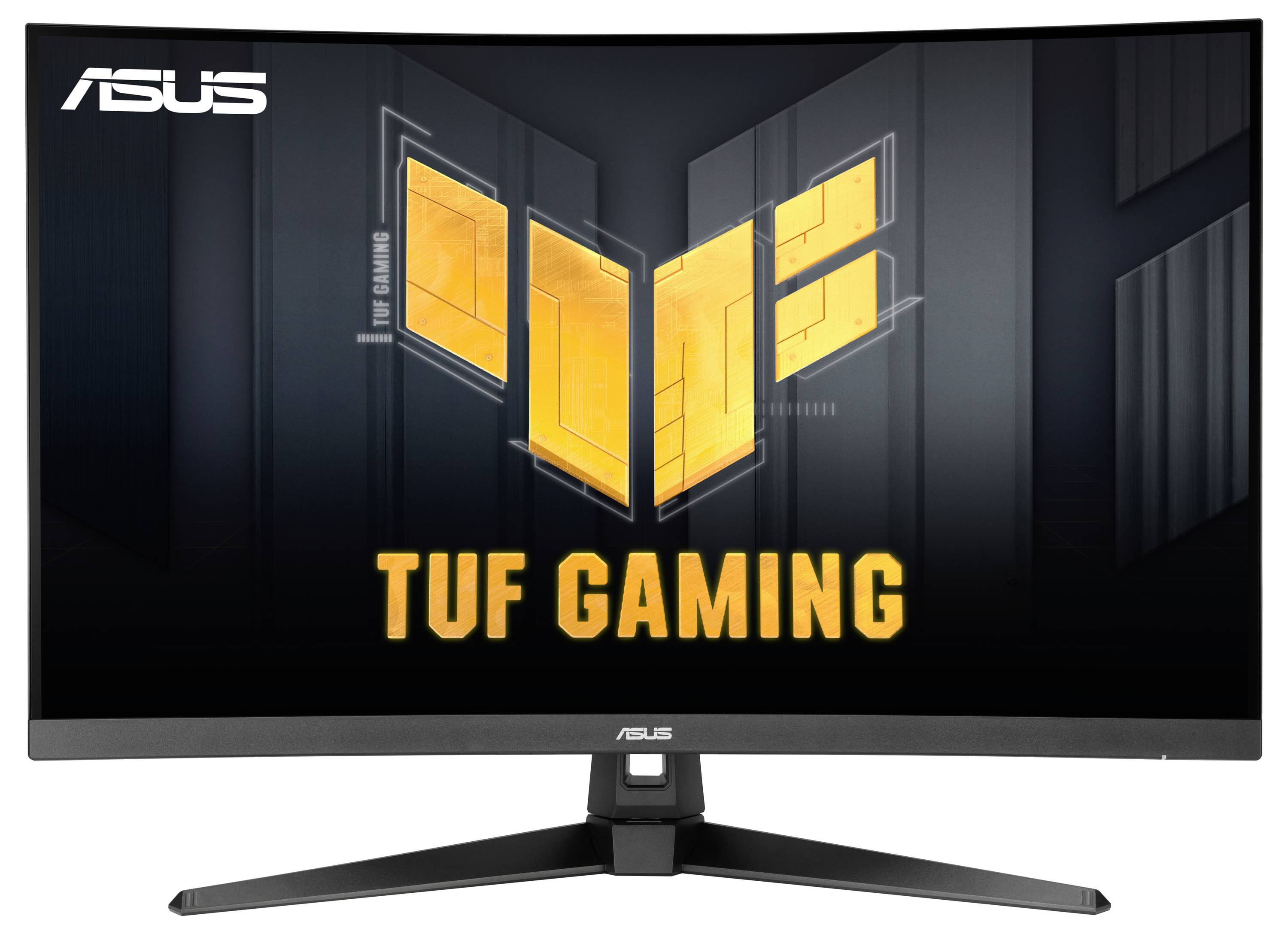 Ein Monitor der Marke ASUS TUF Gaming mit gebogenem Display und hellem Logo auf dem Bildschirm, geeignet für intensives Gaming.