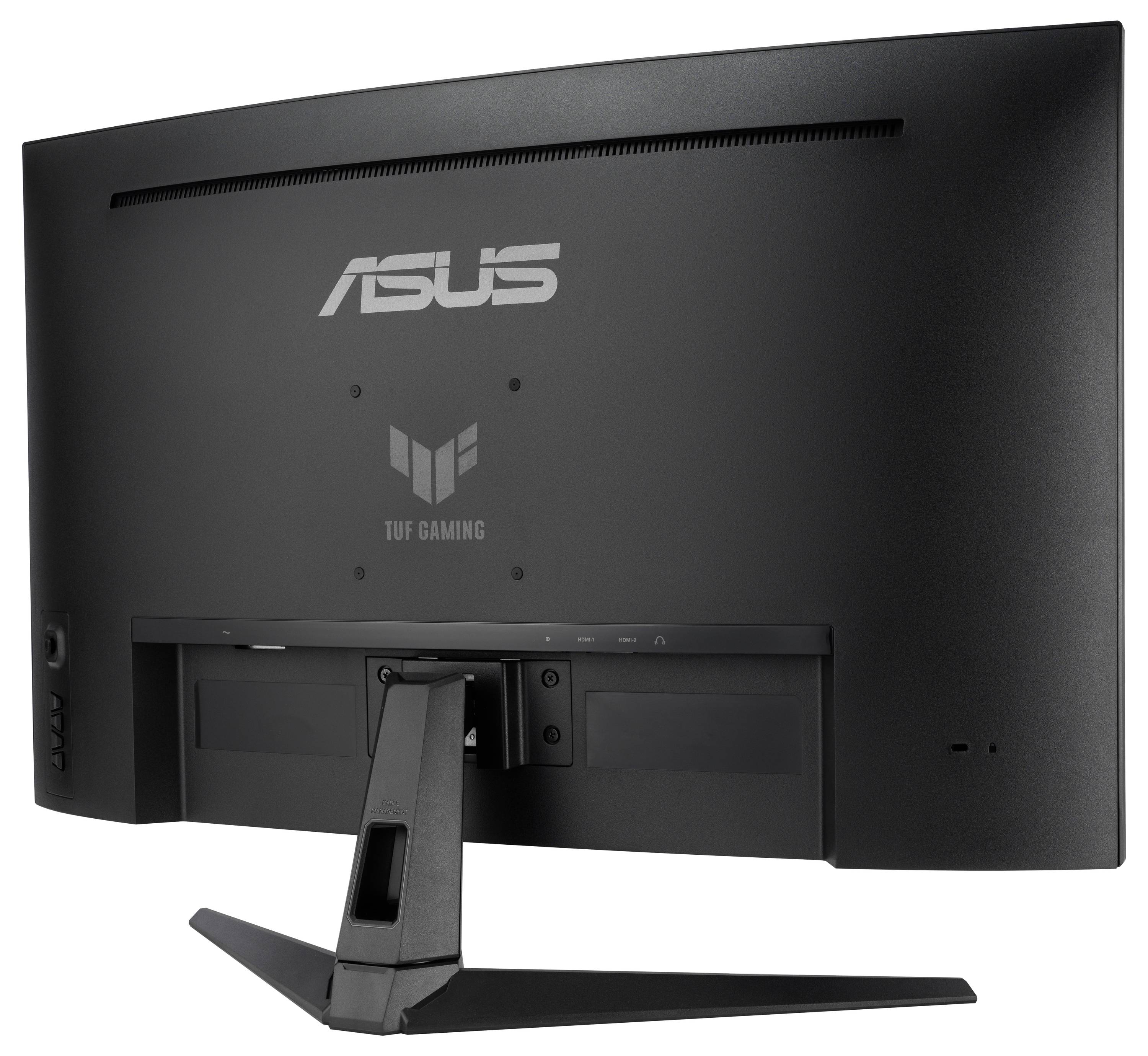 Ein schwarzer ASUS TUF Gaming-Monitor von hinten, zeigt das Logo und den stabilen Standfuß.