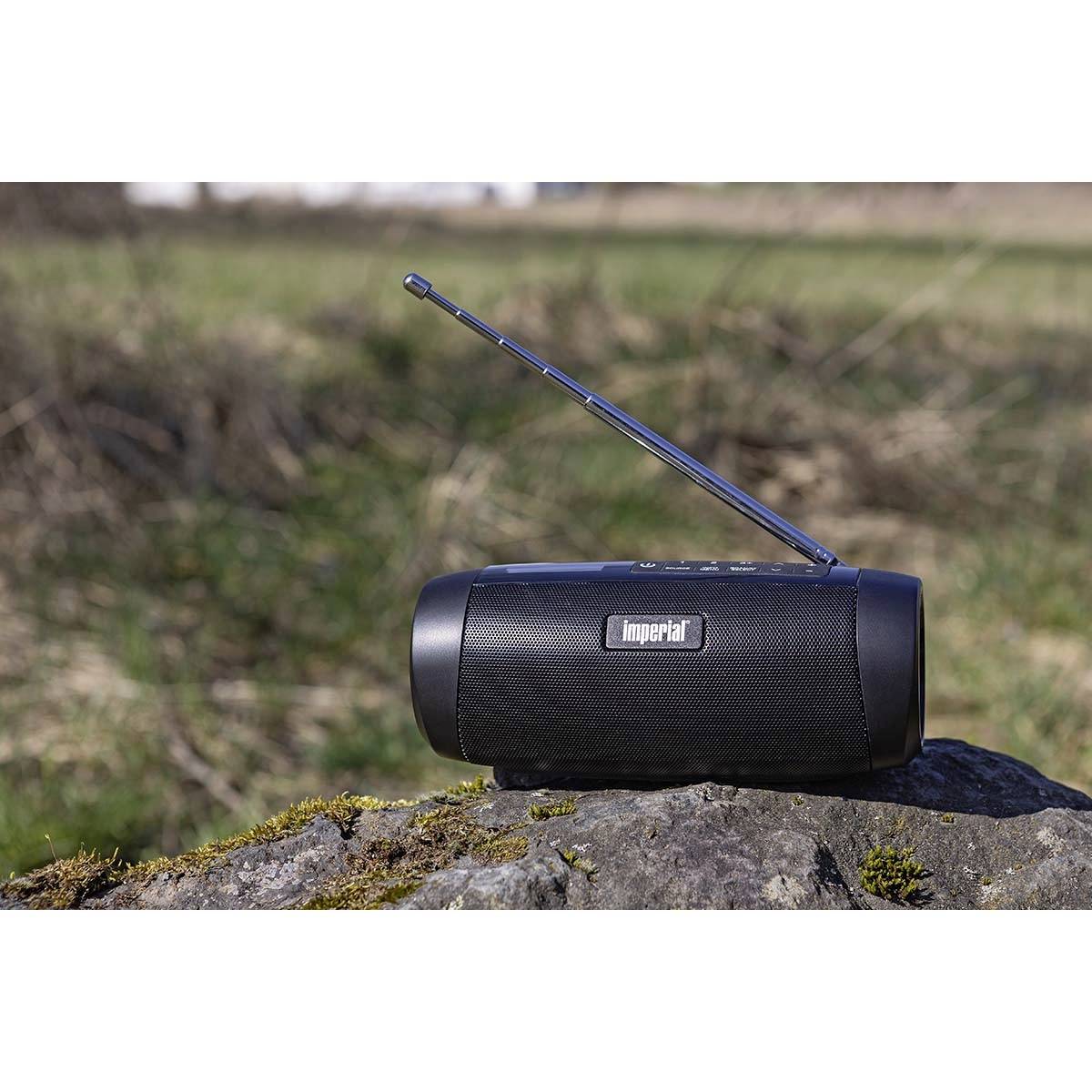 Ein tragbares Radio mit ausgezogener Antenne steht auf einem Fels im Freien. Im Hintergrund sind Gras und unscharfe Landschaft erkennbar.