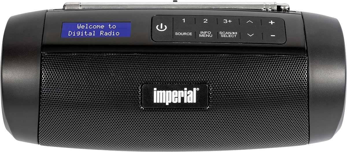 Schwarzes tragbares Digitalradio mit blauer LED-Anzeige, auf der 'Welcome to Digital Radio' steht. Markenname in der Mitte. Tasten für Senderwahl und Lautstärkeregelung.