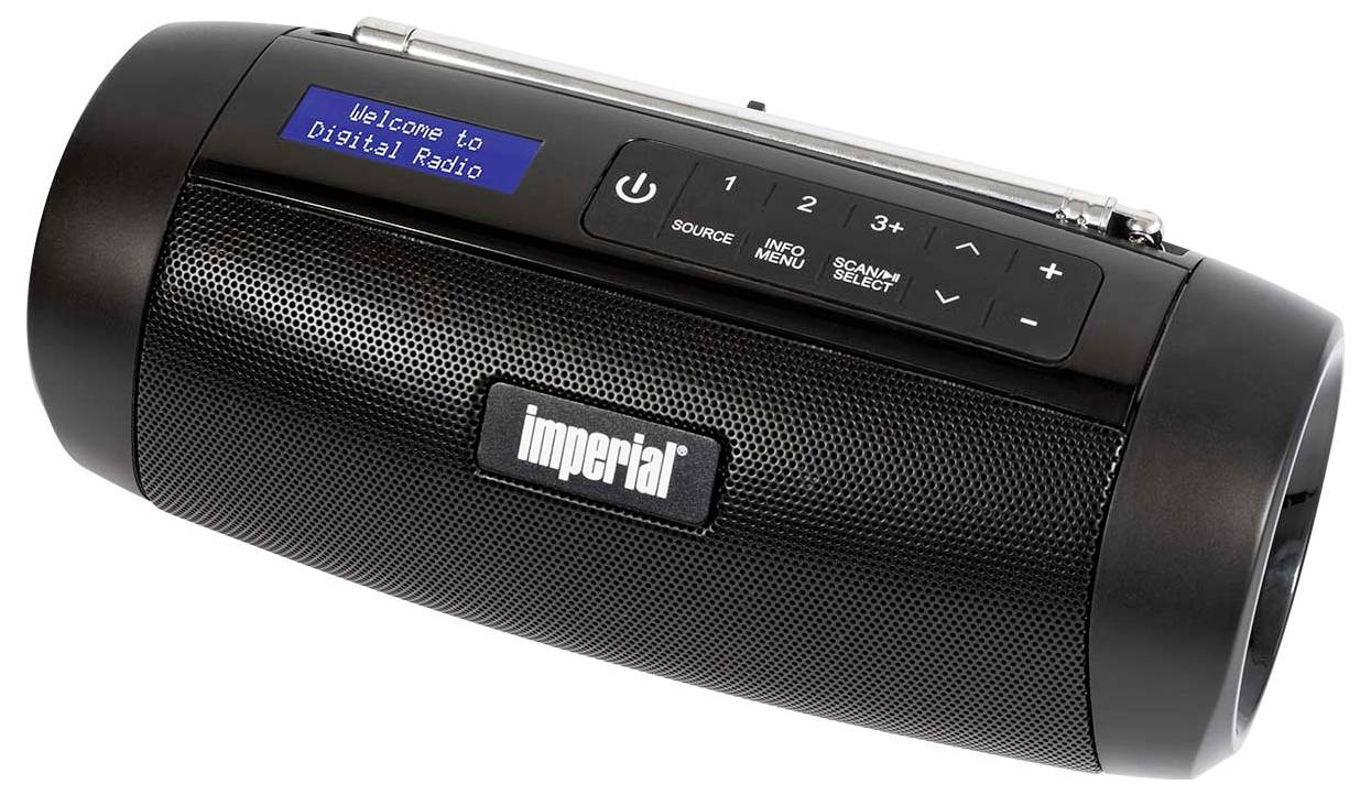 Tragbares Digitalradio in Schwarz mit LCD-Display, das 'Welcome to Digital Radio' anzeigt; enthält Bedienelemente und Lautsprechergitter.