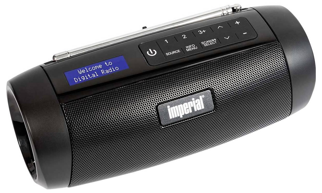 Ein tragbares, schwarzes Digitalradio mit einem Display zeigt die Nachricht 'Welcome to Digital Radio'. Tasten zur Steuerung sind sichtbar.