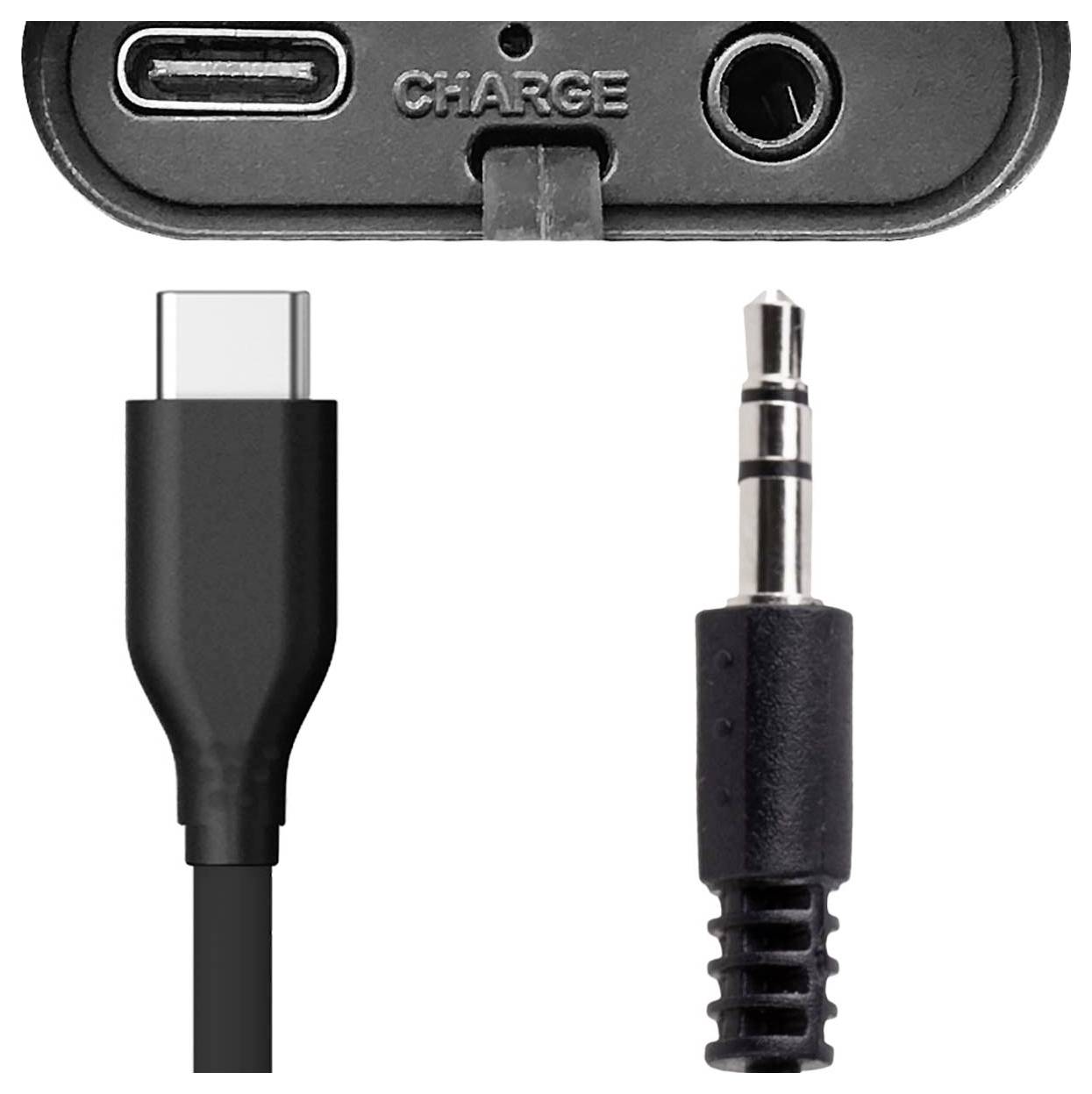 Zwei Kabelstecker: USB-C und 3,5-mm-Klinkenstecker. Oben eine Anschlussschnittstelle mit Aufschrift 'CHARGE'.