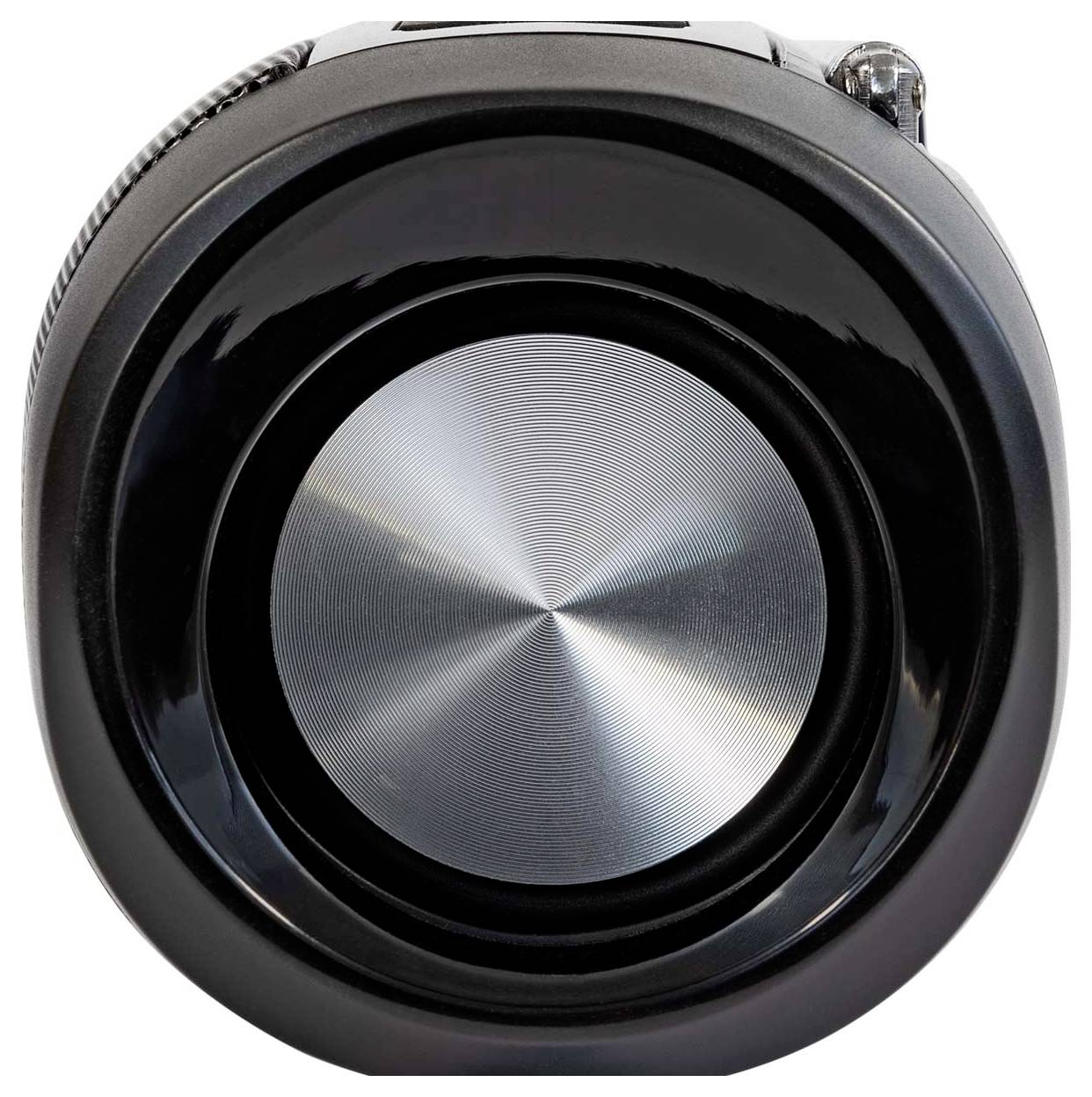 Nahaufnahme eines Lautsprechers mit glänzender, silberner Mittelkonus, umgeben von einem schwarzen Rahmen.