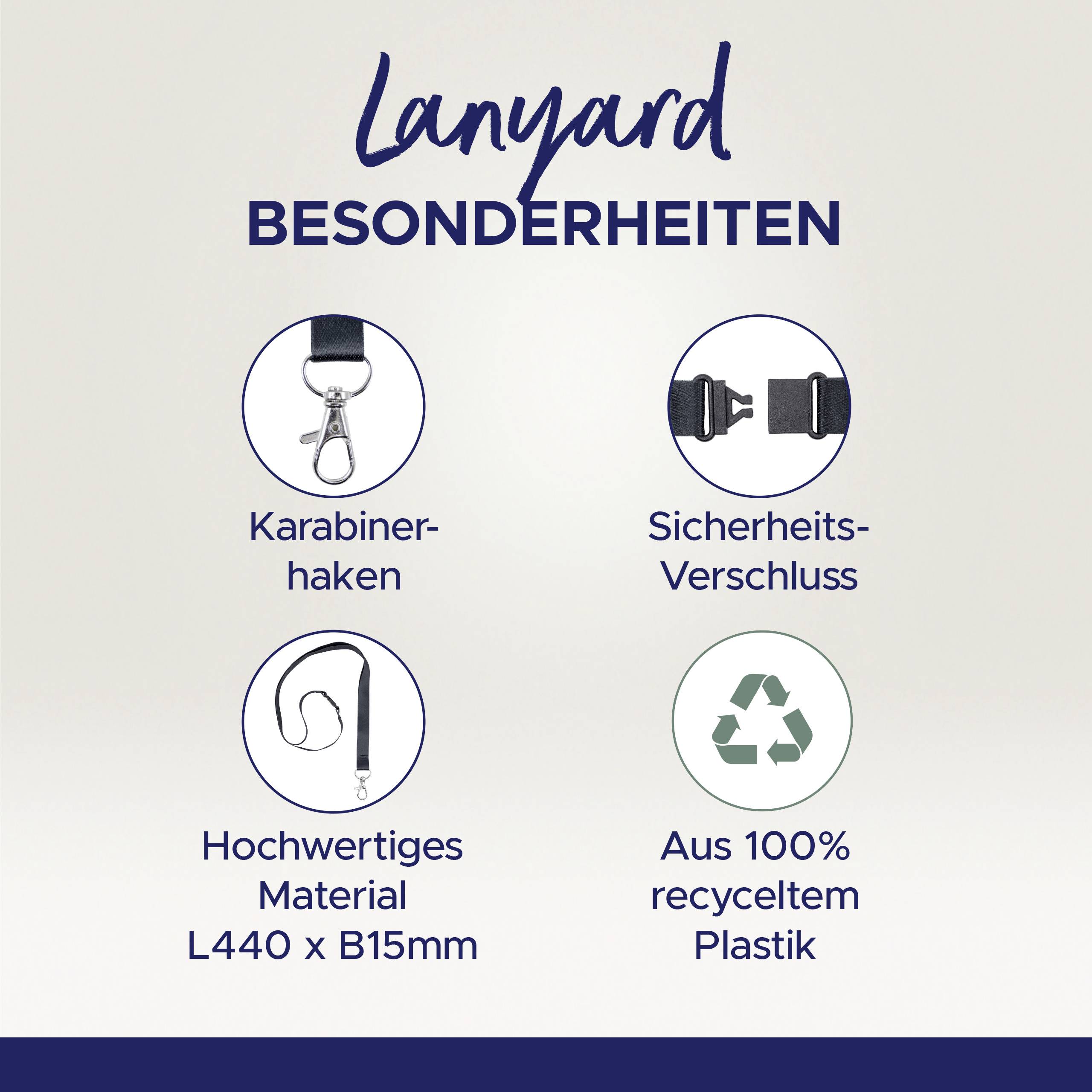 Die Abbildung zeigt die 'Lanyard Besonderheiten': Karabinerhaken, Sicherheits-Verschluss, hochwertiges Material L440 x B15mm, aus 100% recyceltem Plastik.