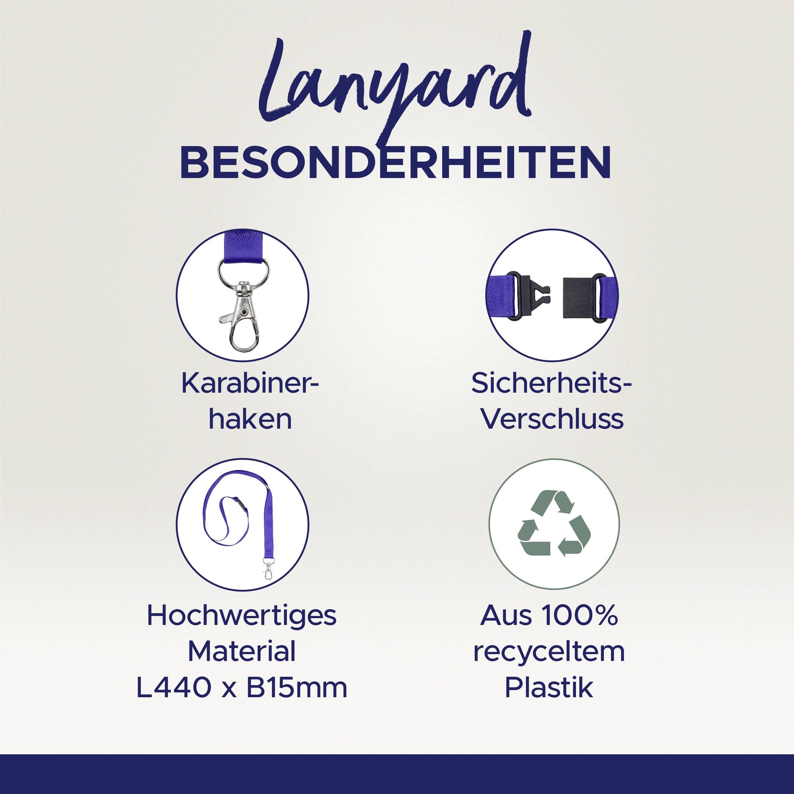 Besonderheiten eines Lanyards: Karabinerhaken, Sicherheitsverschluss, hochwertiges Material (440 x 15 mm) und 100% recyceltes Plastik.