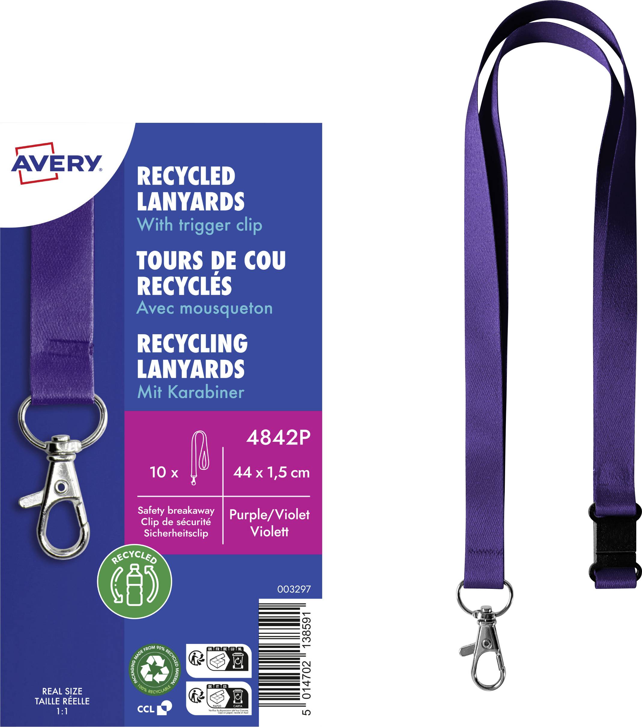 Recycelte Lanyards mit Triggerhaken in Lila/Violett. Packung mit 10 Stück, 44 x 1,5 cm, Marke Avery. Hergestellt aus recycelten Materialien.