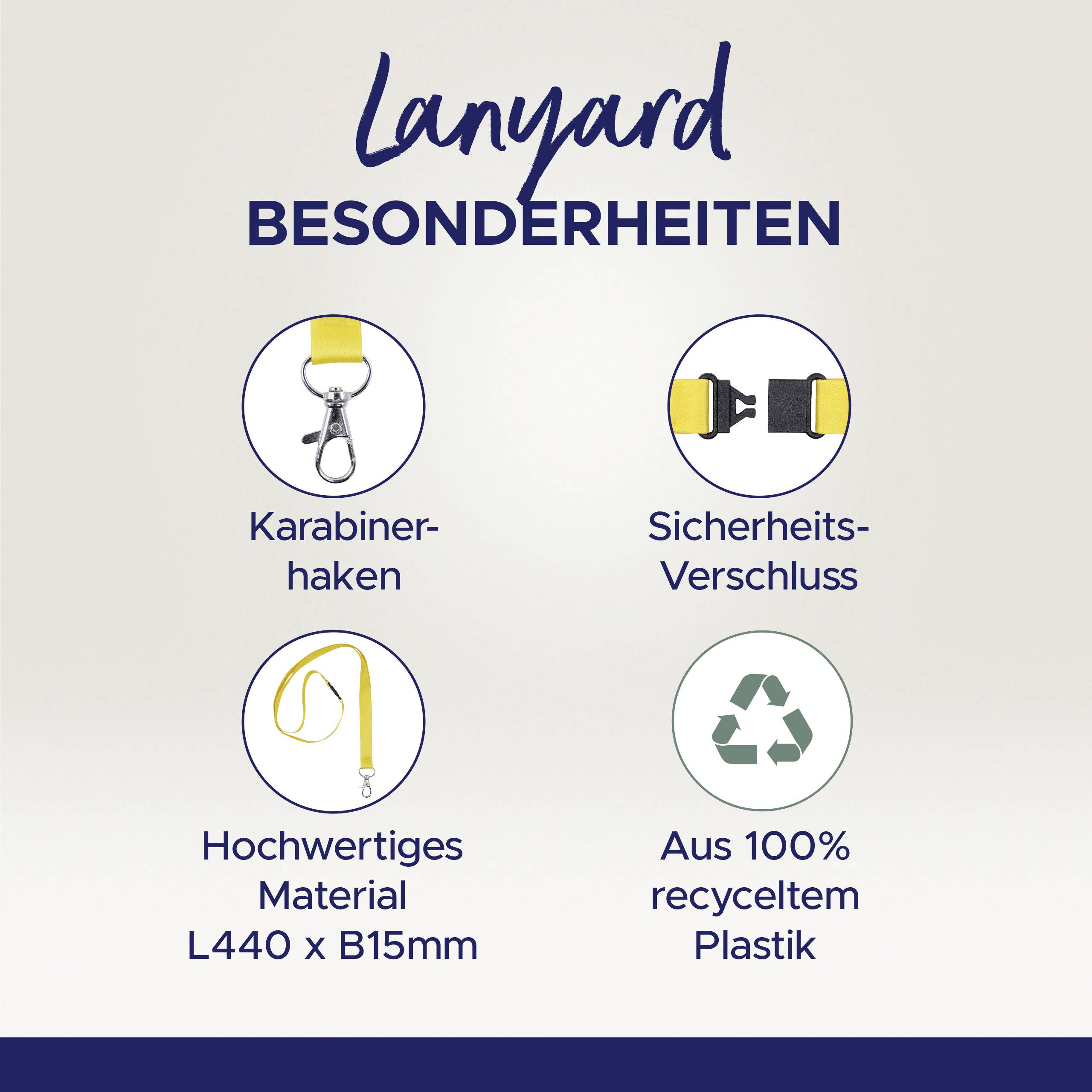 Lanyard mit Karabinerhaken, Sicherheitsverschluss, hochwertig L440xB15mm, aus recyceltem Kunststoff.