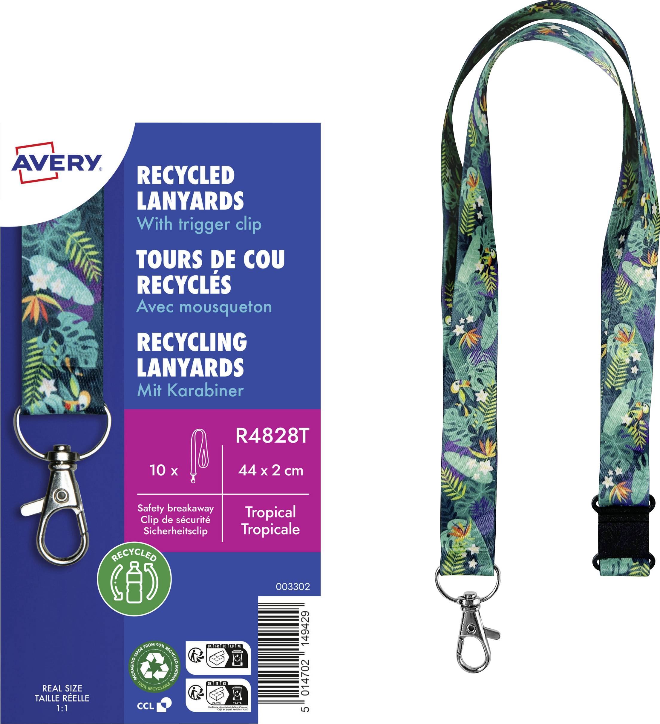 Packung mit Avery Recycling-Schlüsselbändern im Tropical-Design, mit Triggerhaken und Sicherheits-Abreißschutz. Enthält 10 Stück.