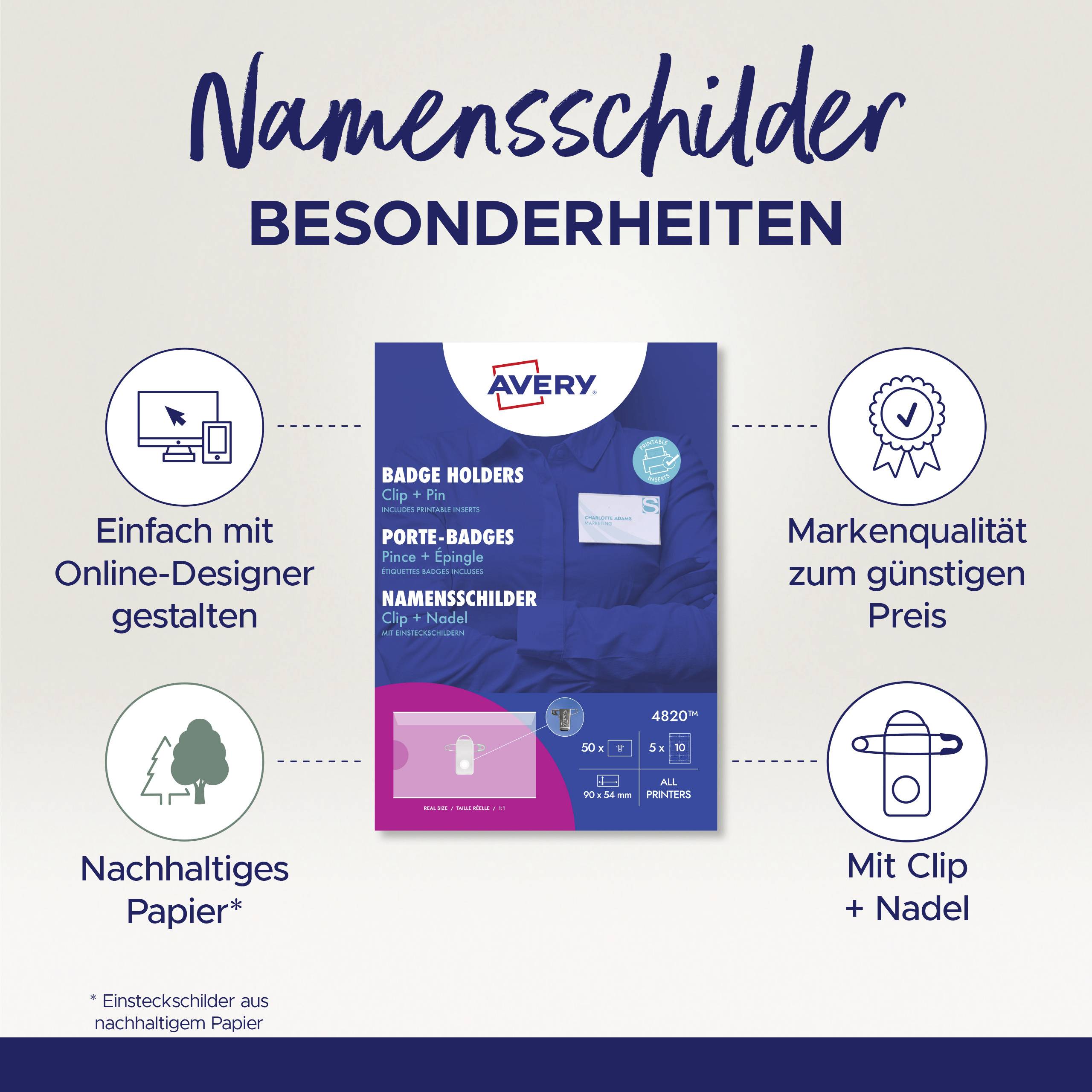 'Namensschilder Besonderheiten' mit Produktbild von Avery. Eigenschaften: Online-Design, Markenqualität, nachhaltiges Papier, Clip + Nadel.