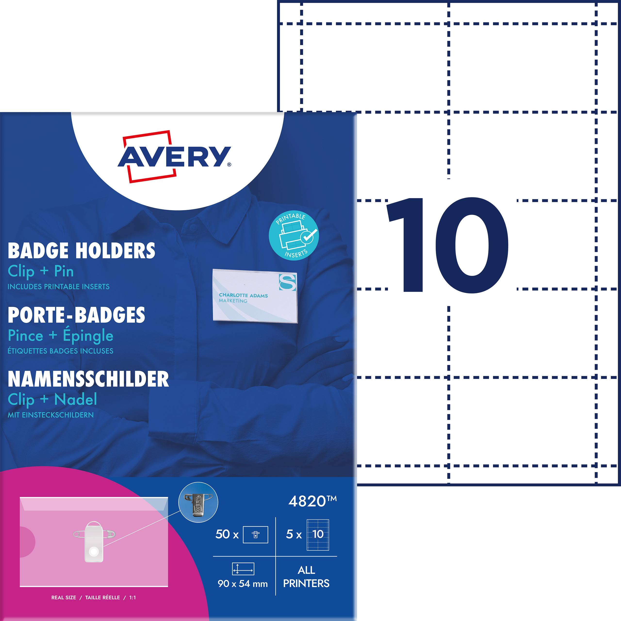 Namensschild-Set von Avery für 50 Ausweise, 90 x 54 mm, geeignet für alle Drucker, Clip- und Nadelbefestigung, mehrsprachige Verpackung.
