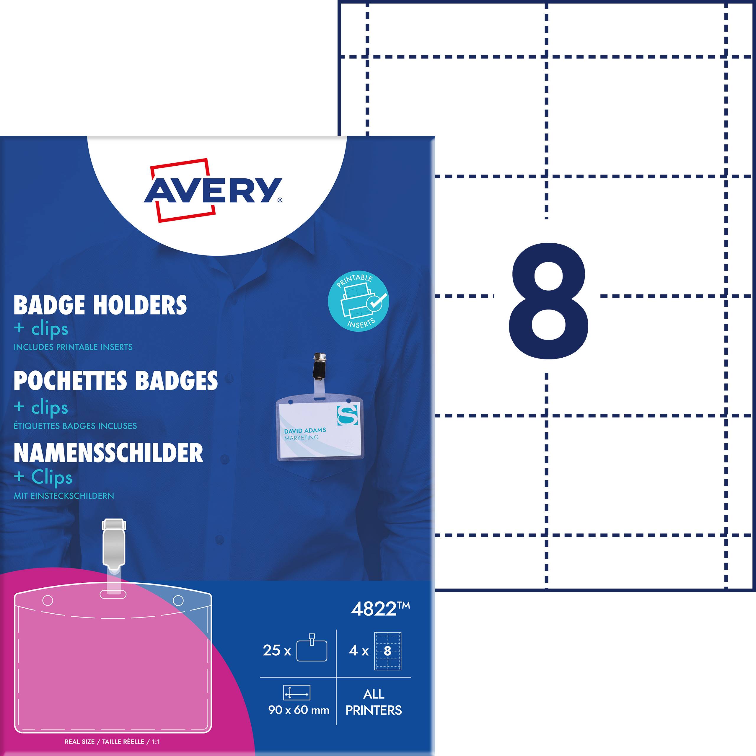 Verpackung für Namensschilder mit Clips von Avery, 25 Stück, Größe 90 x 60 mm, geeignet für alle Drucker.