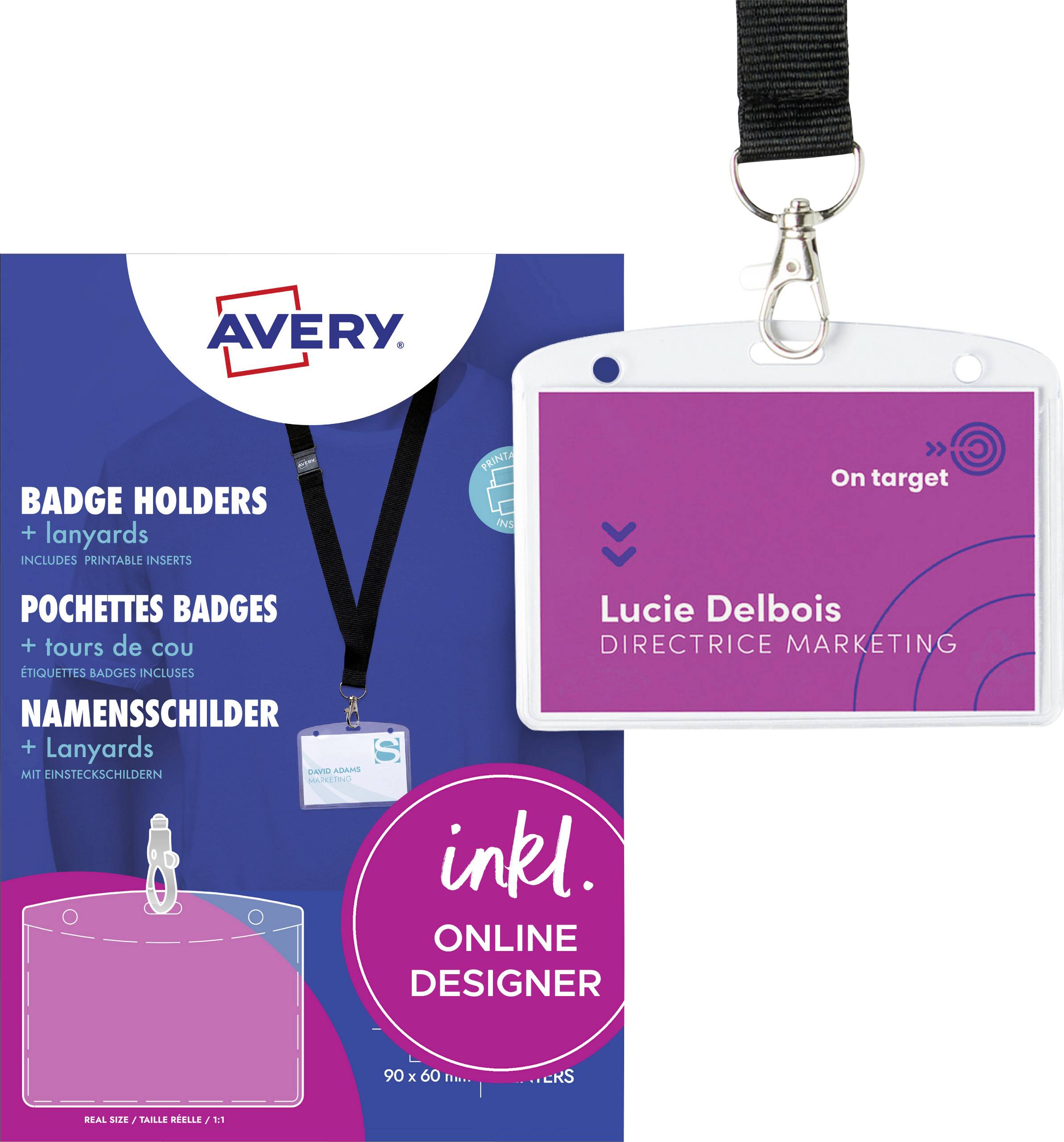 Ein blauer Namensträger mit Lanyard auf einem Shirt. 'Avery' oben. Text zu Namensschild-Sets und Formatoptionen.