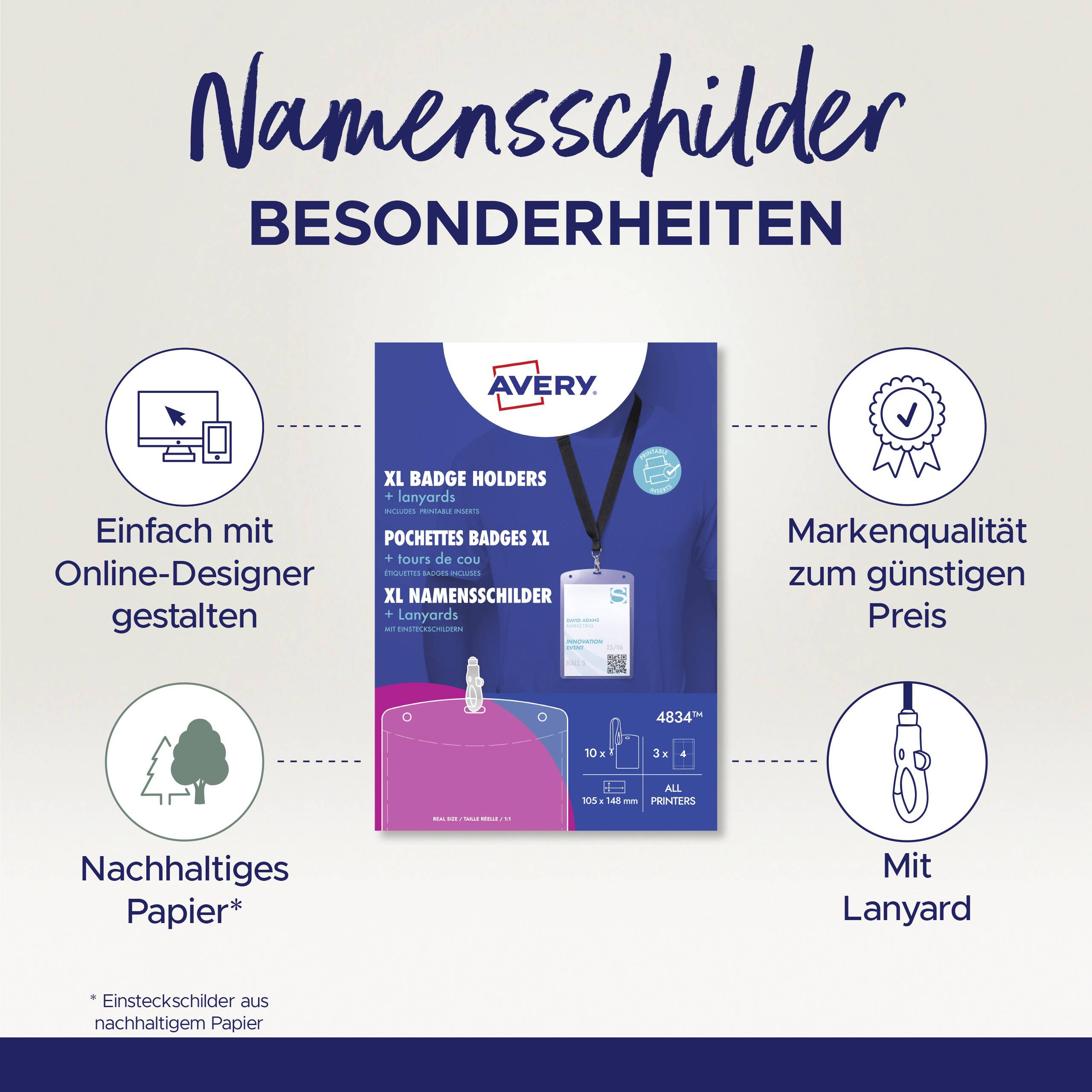 'Namensschilder Besonderheiten': Vorteile von XL-Namensschildern, darunter Online-Designer, nachhaltiges Papier, Markenqualität, mit Lanyard.
