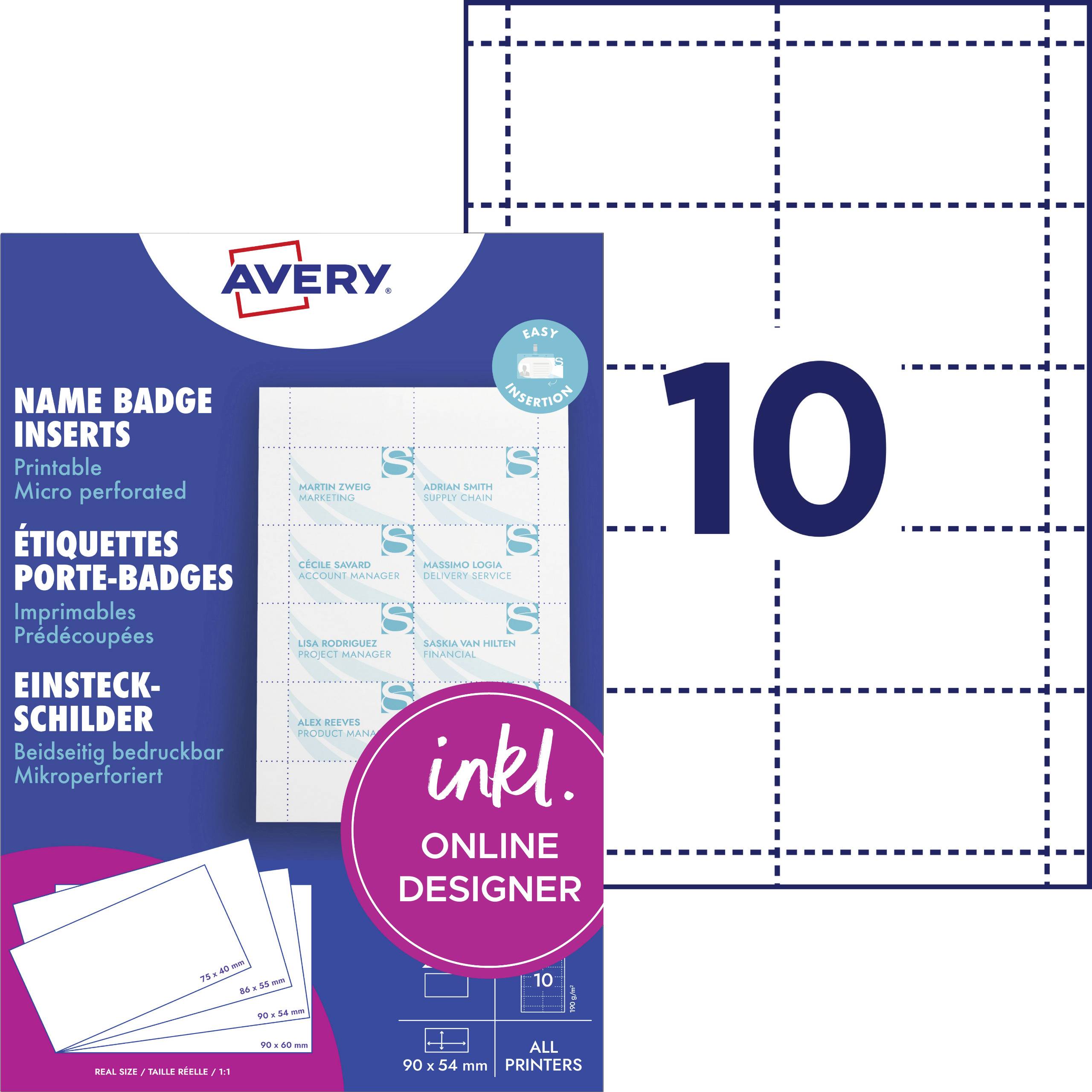 Verpackung für Avery-Einsteckschilder, bedruckbar, mikroskopisch perforiert, 200 Stück, 90x54 mm, geeignet für alle Drucker.