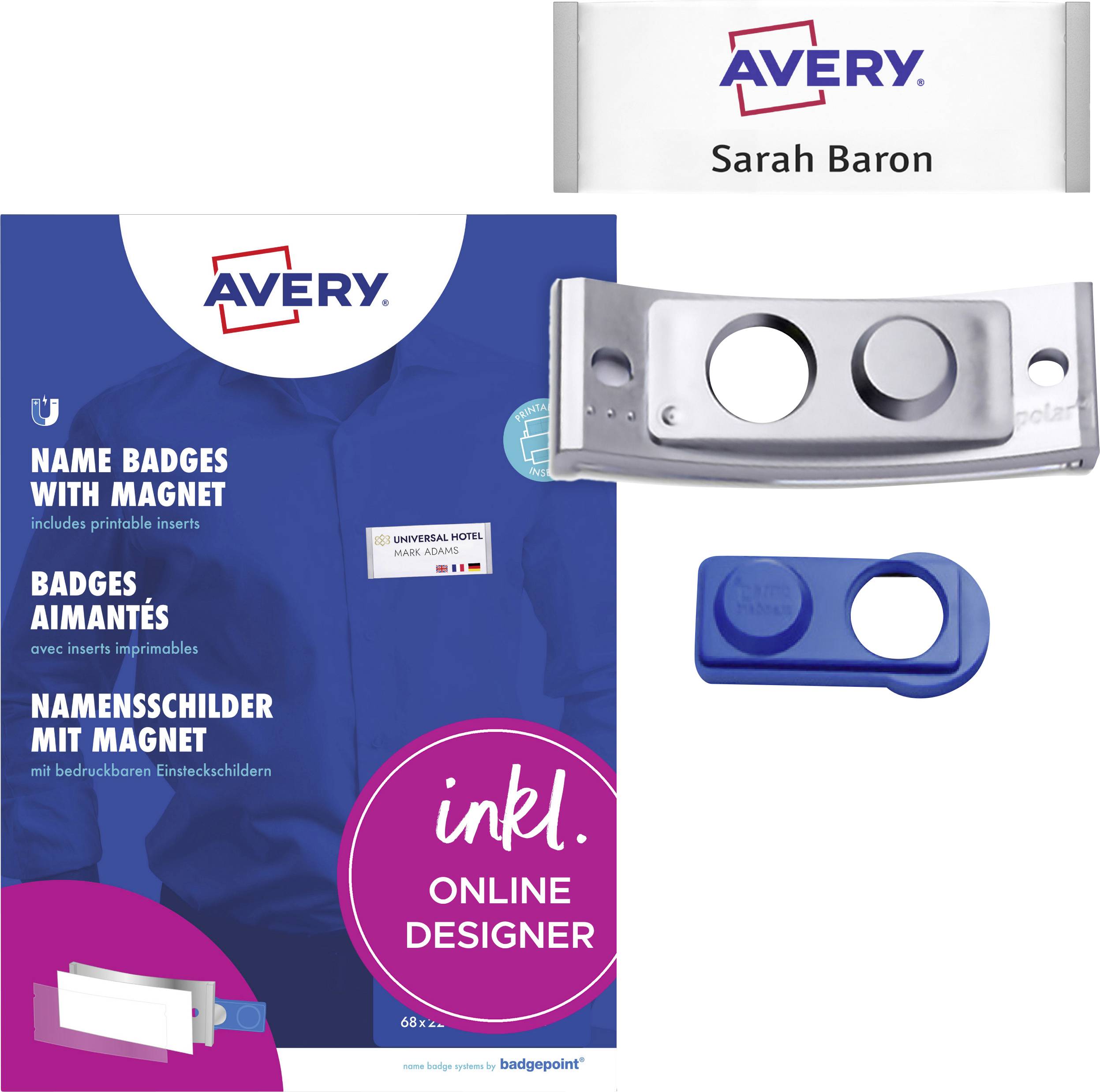 Avery magnetisches Namensschildset mit Online-Designoption, das anpassbare Namensschildbeispiele und magnetische Rückseiten in Silber und Blau zeigt.